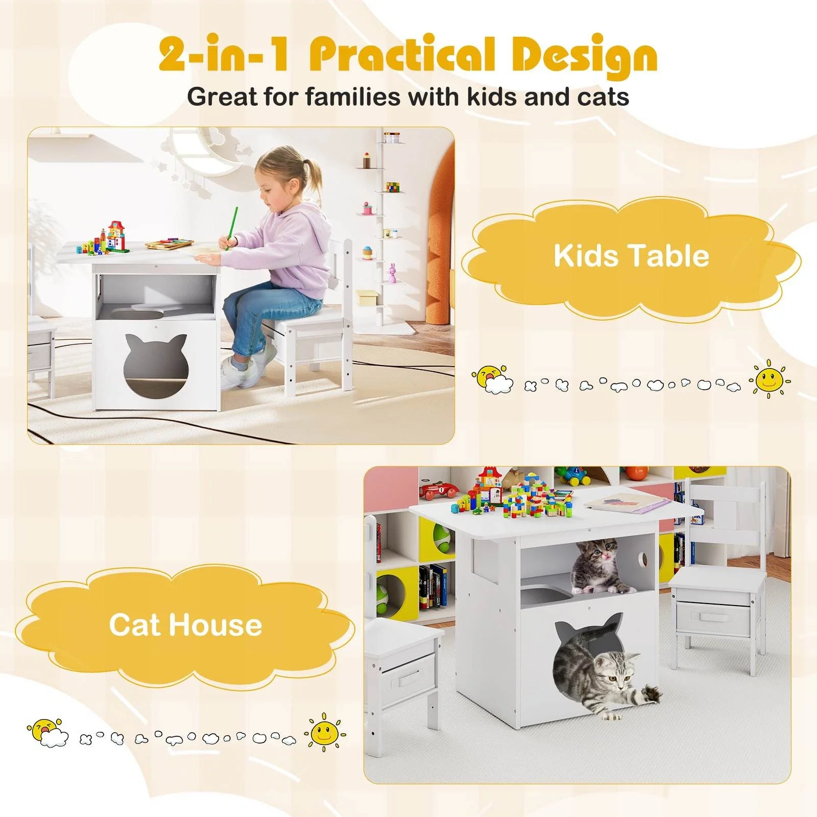Kids Table and Chairs Set 3 Pieces Wooden Children Furniture Desk with Cat House - Image 3