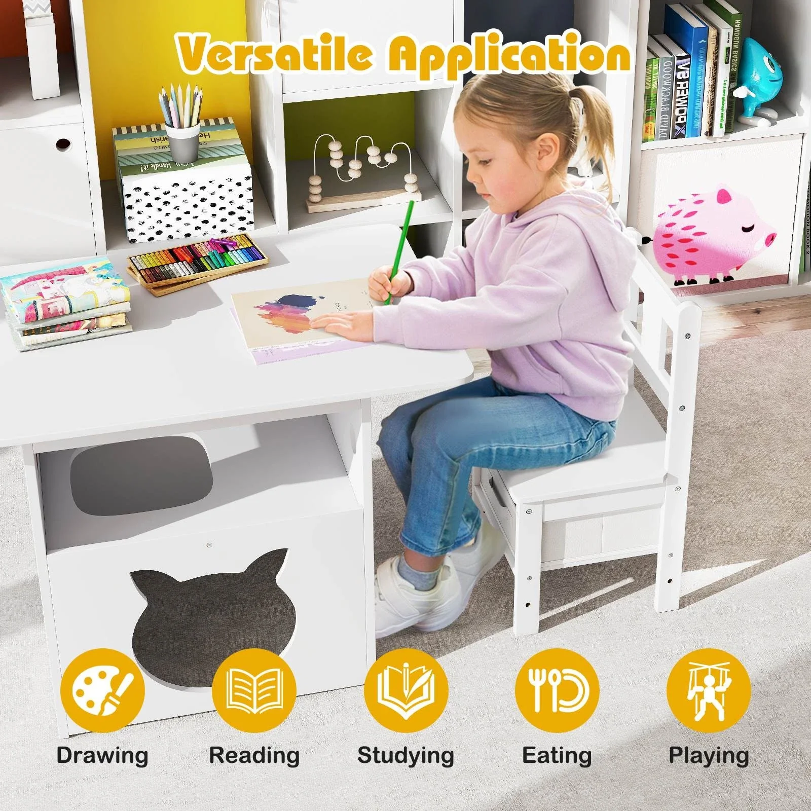 Kids Table and Chairs Set 3 Pieces Wooden Children Furniture Desk with Cat House - Image 4