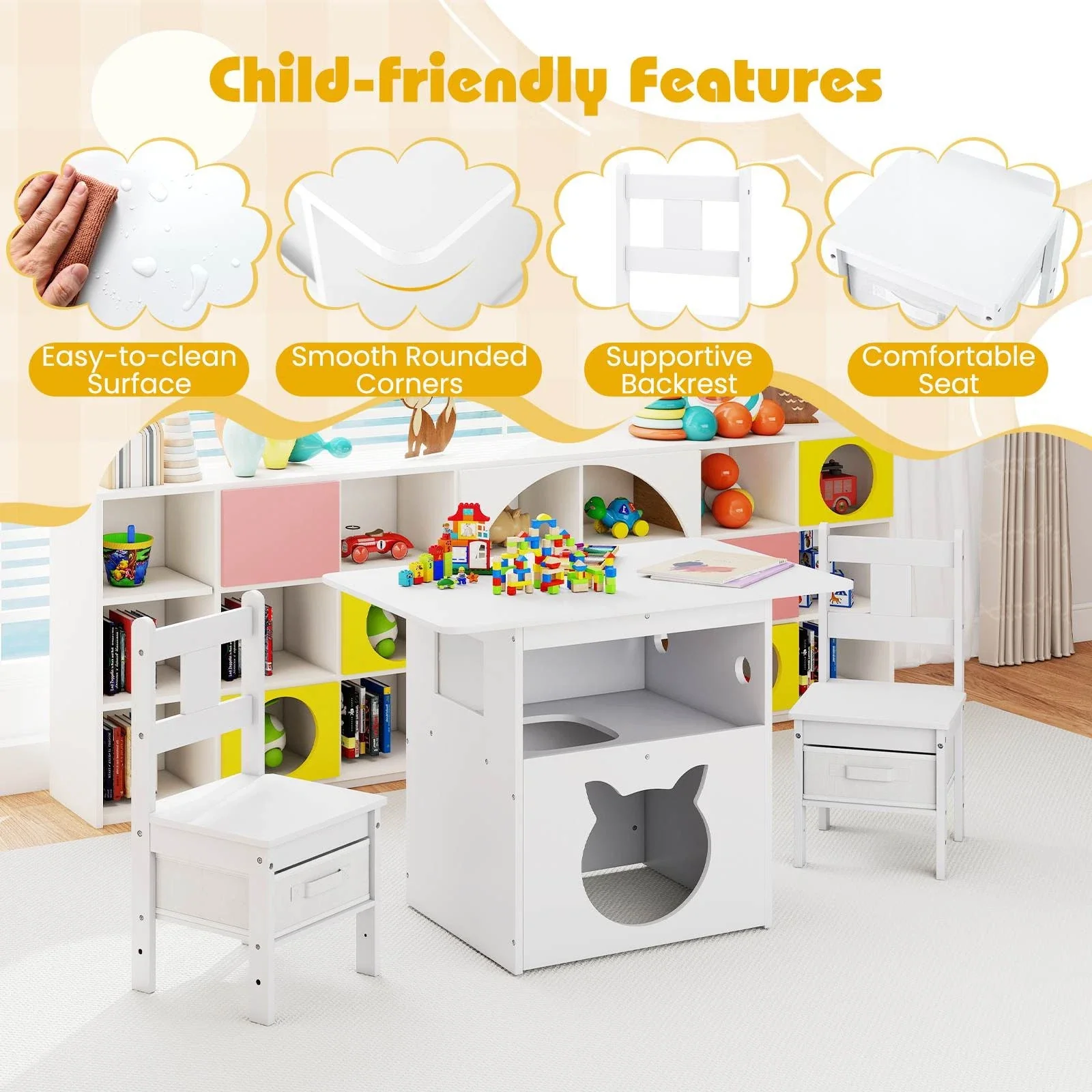 Kids Table and Chairs Set 3 Pieces Wooden Children Furniture Desk with Cat House - Image 6