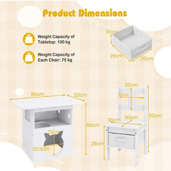 Kids Table and Chairs Set 3 Pieces Wooden Children Furniture Desk with Cat House - Image 7