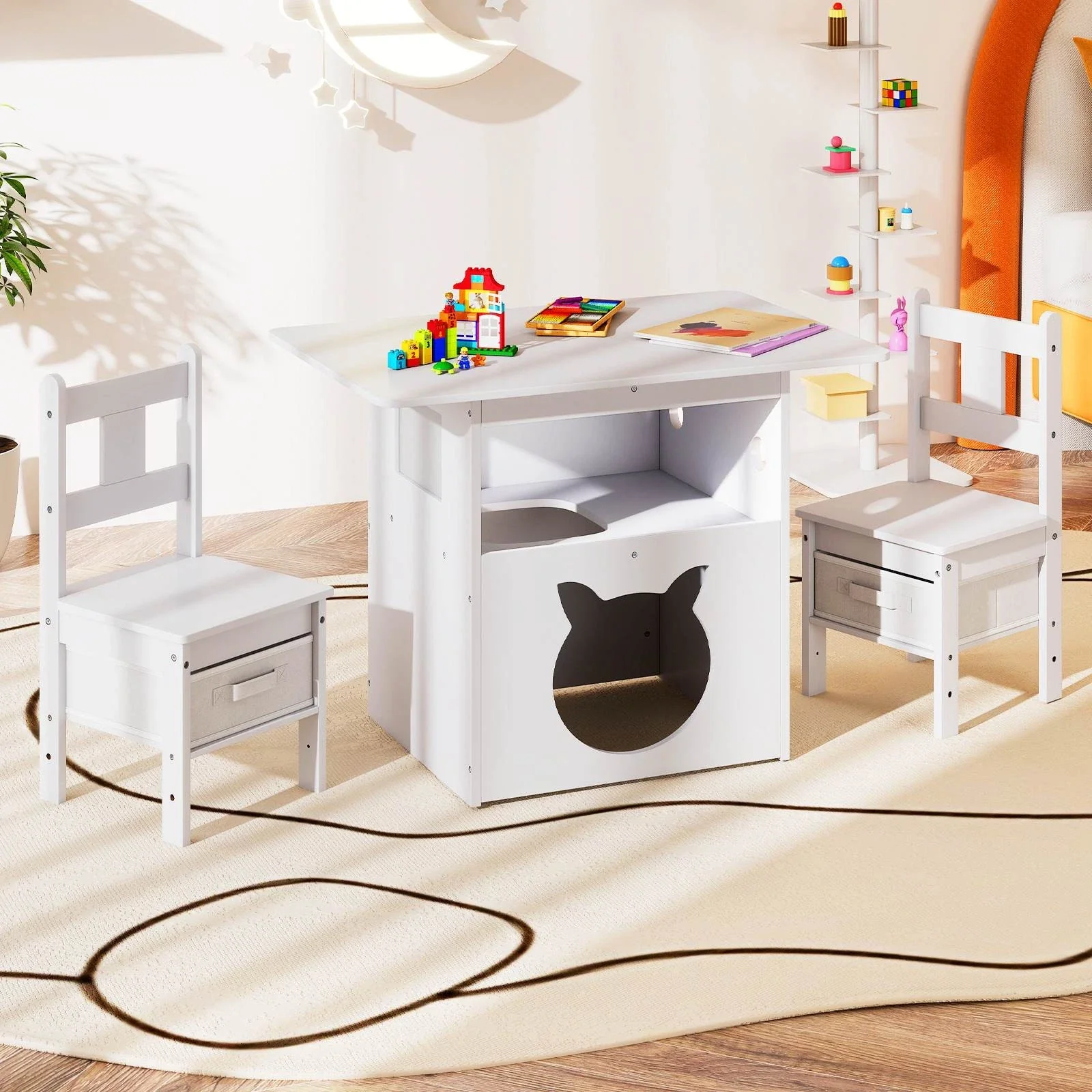 Kids Table and Chairs Set 3 Pieces Wooden Children Furniture Desk with Cat House - Image 8