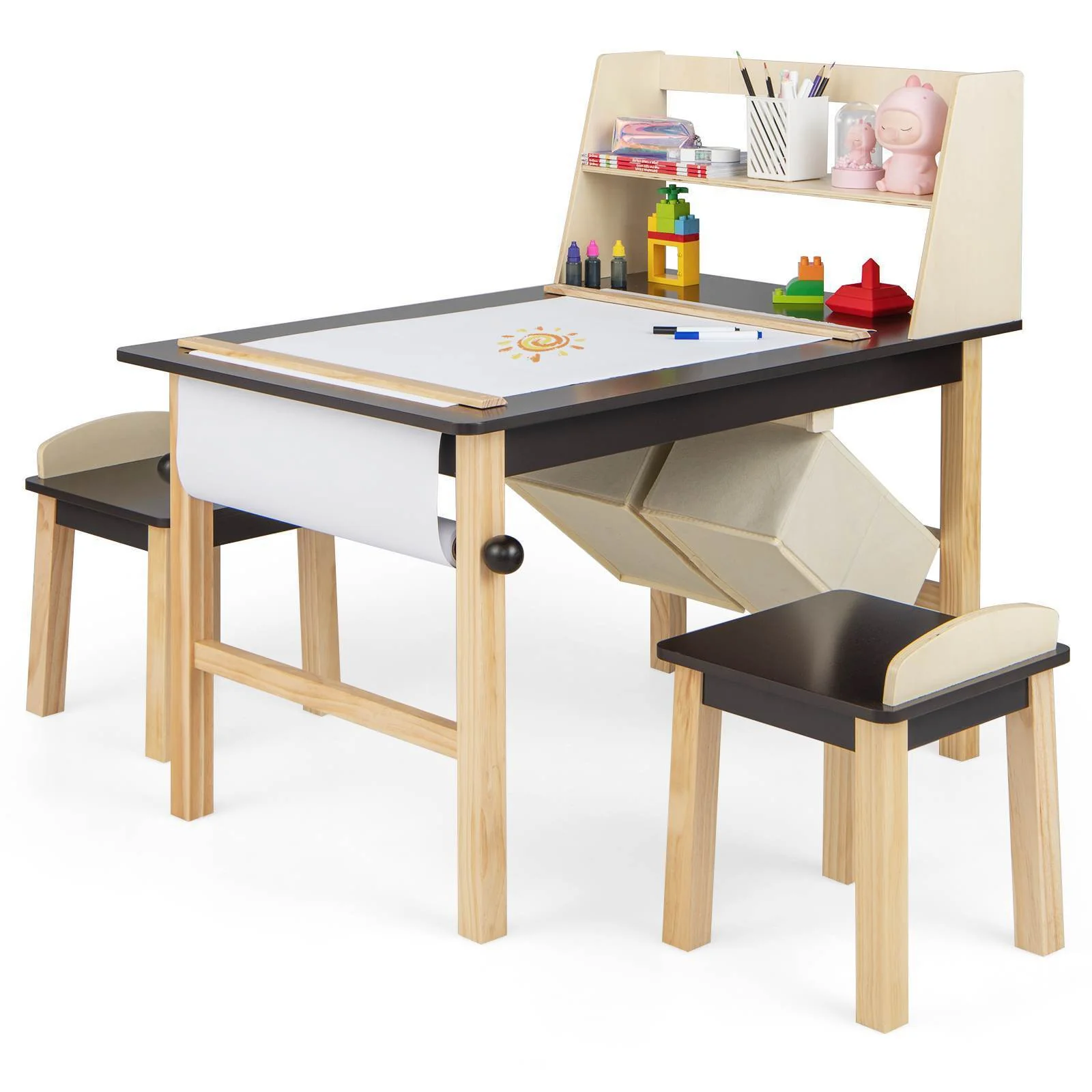 Kids Table and Chairs Set 3PCS Art Drawing Activity Desk Stools w/Storage Bins