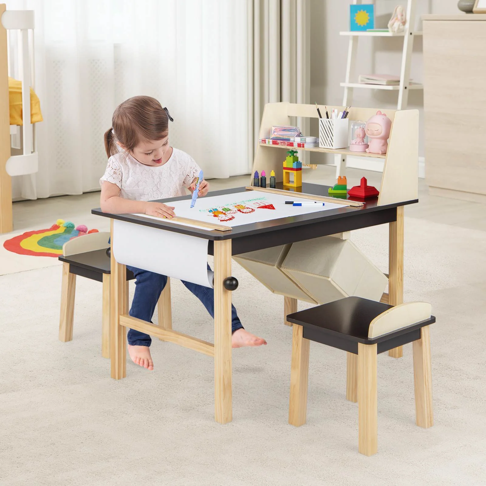 Kids Table and Chairs Set 3PCS Art Drawing Activity Desk Stools w/Storage Bins - Image 2