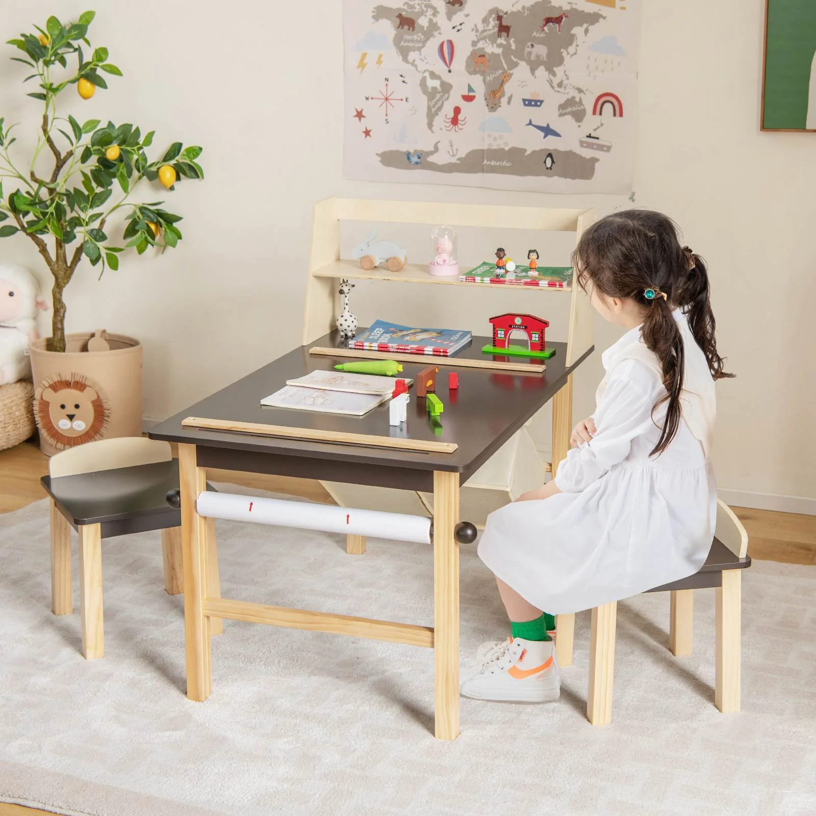 Kids Table and Chairs Set 3PCS Art Drawing Activity Desk Stools w/Storage Bins - Image 3
