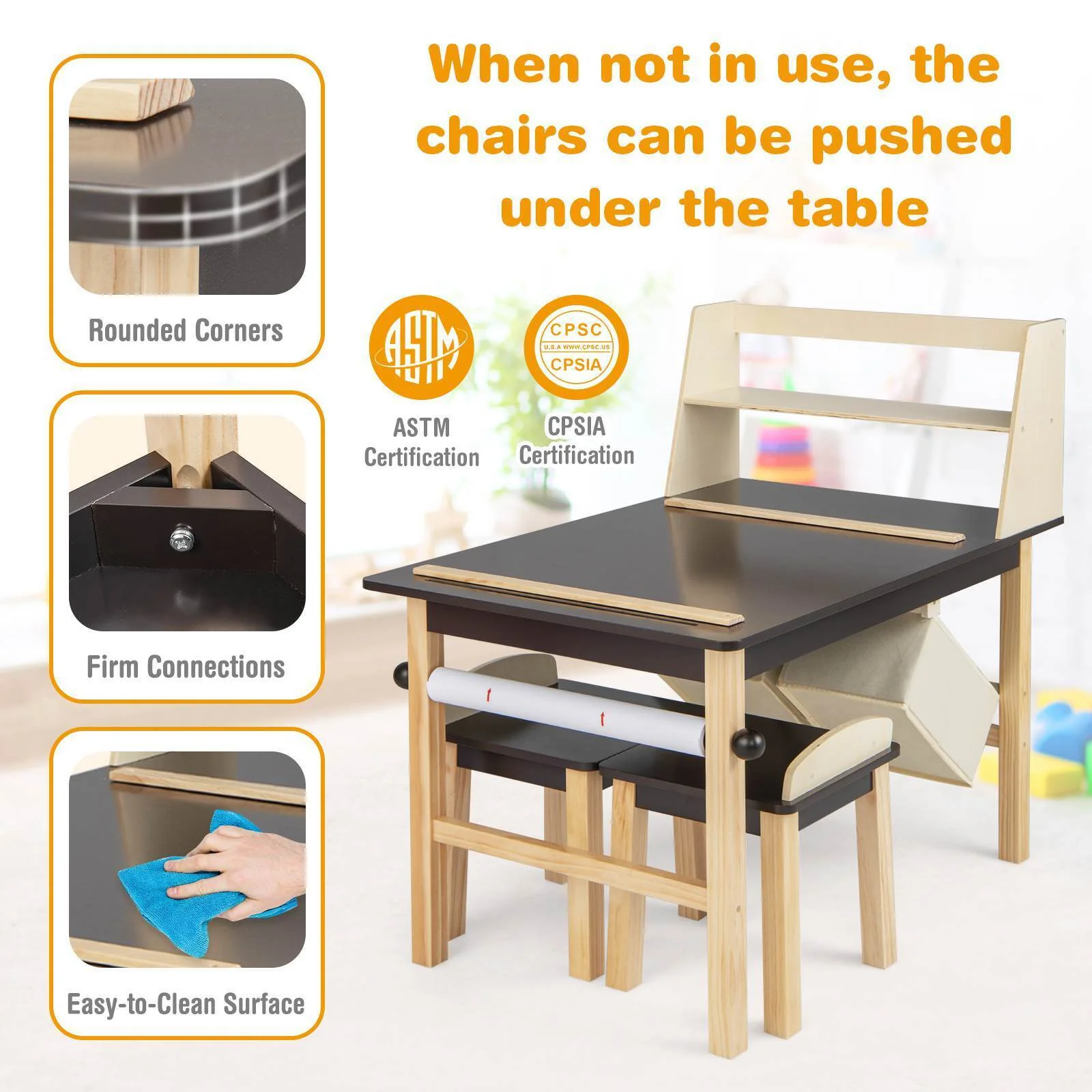 Kids Table and Chairs Set 3PCS Art Drawing Activity Desk Stools w/Storage Bins - Image 5
