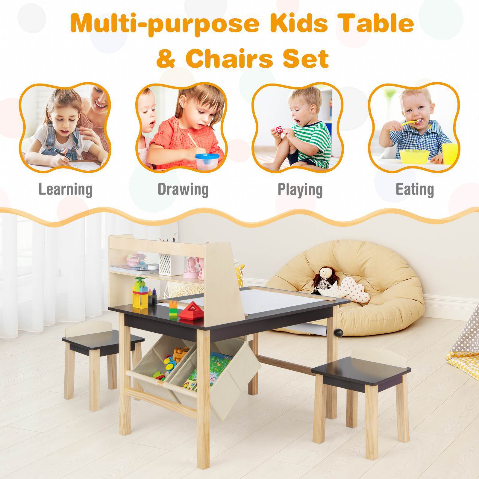 Kids Table and Chairs Set 3PCS Art Drawing Activity Desk Stools w/Storage Bins - Image 6