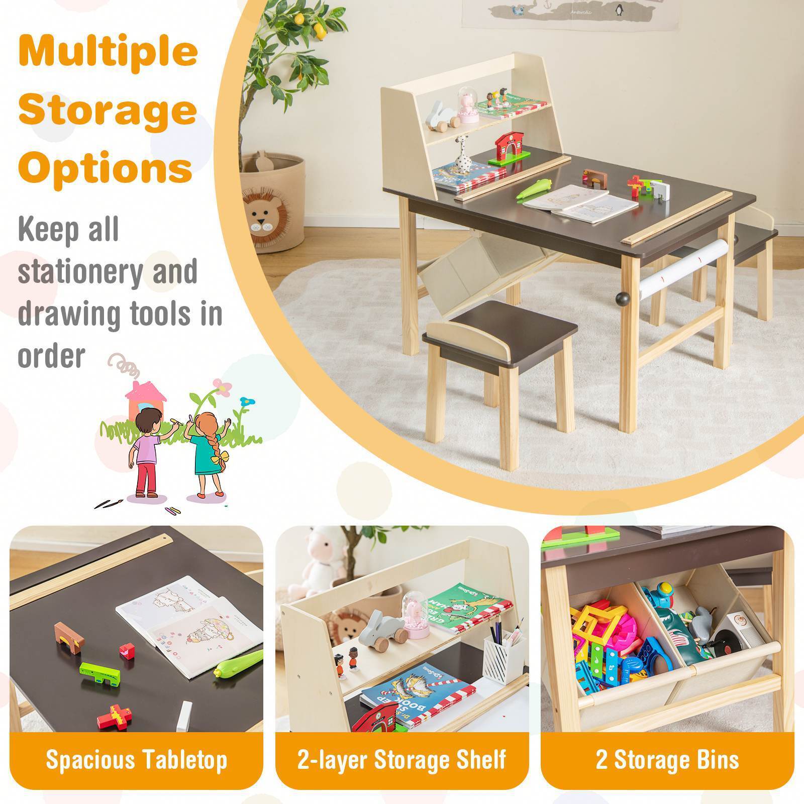 Kids Table and Chairs Set 3PCS Art Drawing Activity Desk Stools w/Storage Bins - Image 7