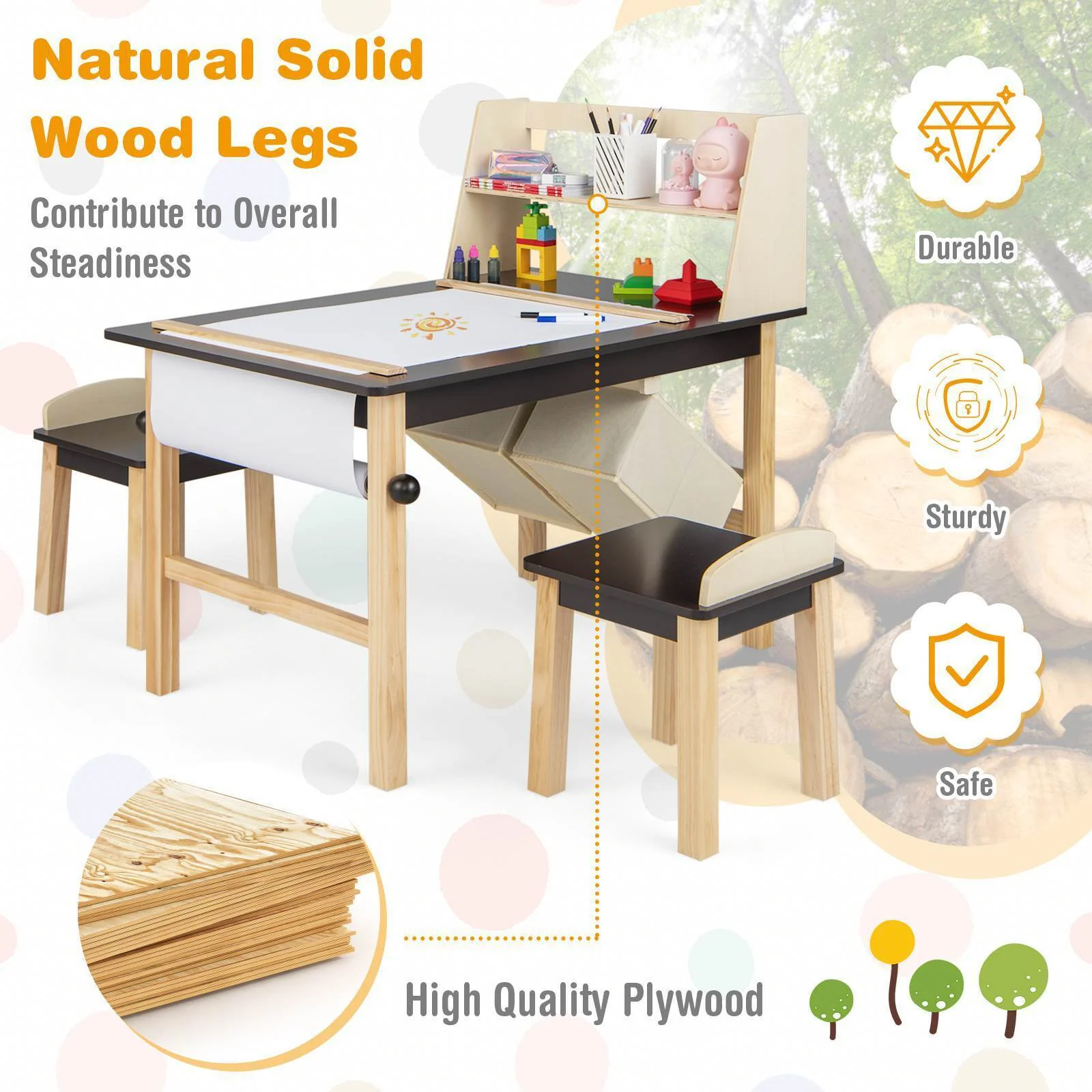 Kids Table and Chairs Set 3PCS Art Drawing Activity Desk Stools w/Storage Bins - Image 8