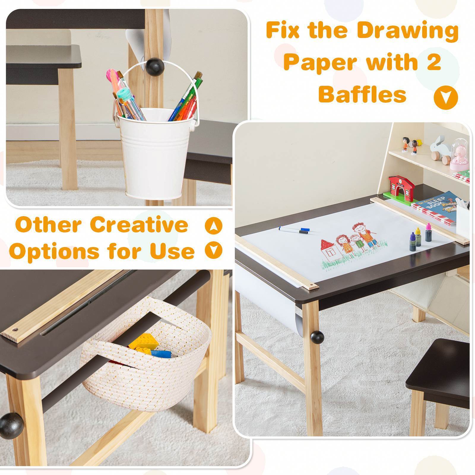 Kids Table and Chairs Set 3PCS Art Drawing Activity Desk Stools w/Storage Bins - Image 9