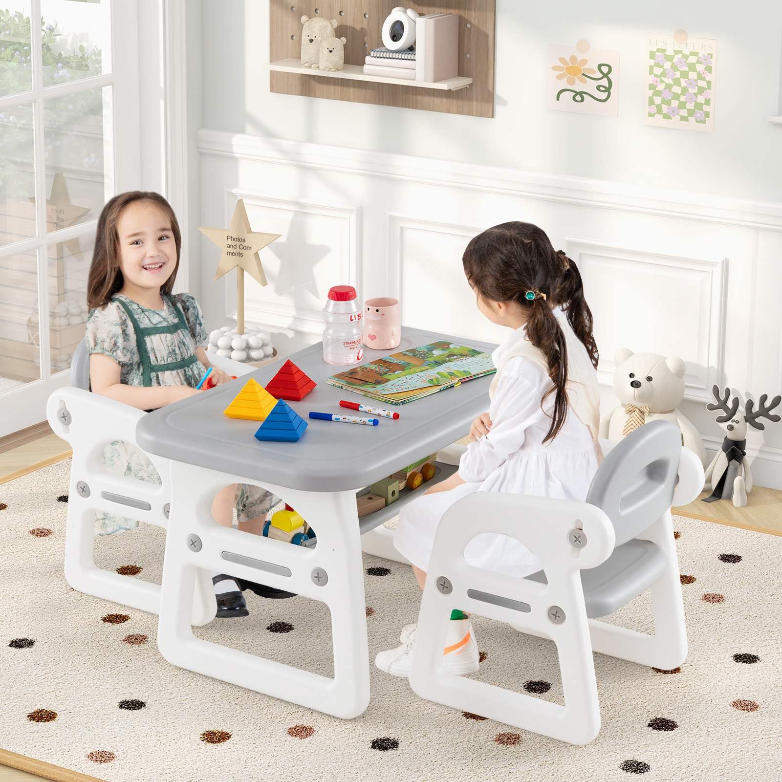 Kids Table and Chairs Set, Toddler Activity Table with 2 Chairs for Reading, Drawing, Playing, Storage Rack - Image 2