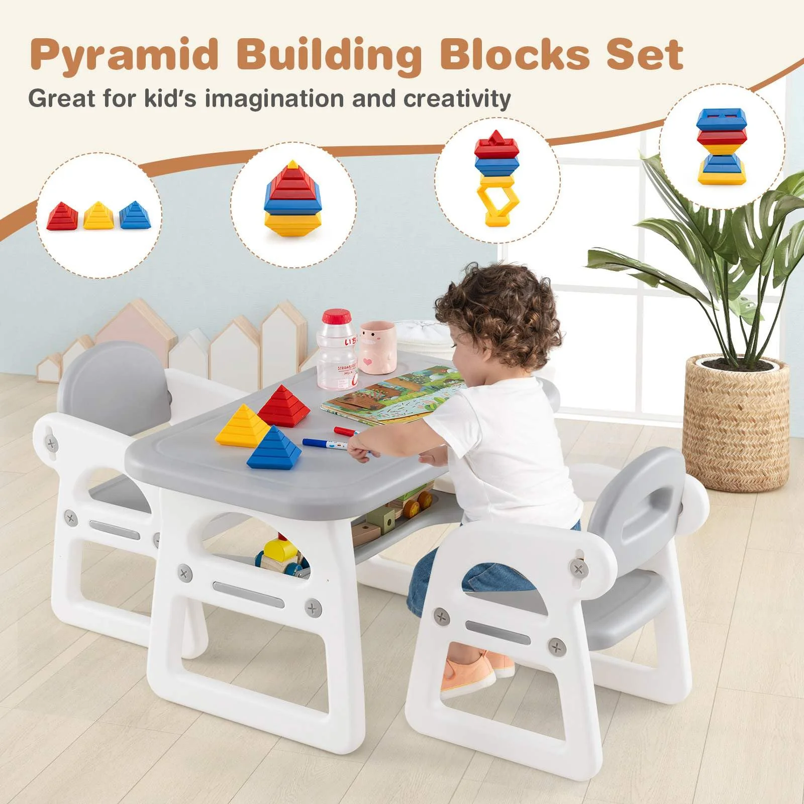 Kids Table and Chairs Set, Toddler Activity Table with 2 Chairs for Reading, Drawing, Playing, Storage Rack - Image 3