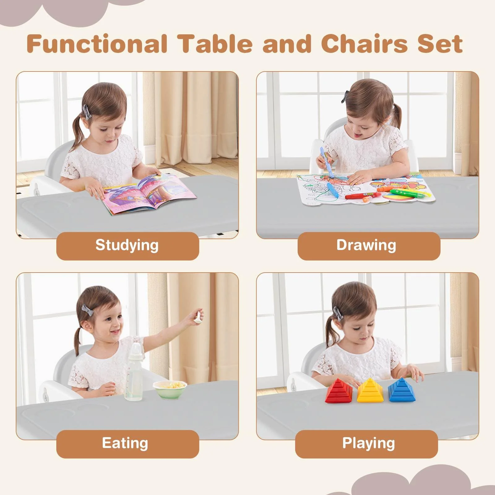 Kids Table and Chairs Set, Toddler Activity Table with 2 Chairs for Reading, Drawing, Playing, Storage Rack - Image 6