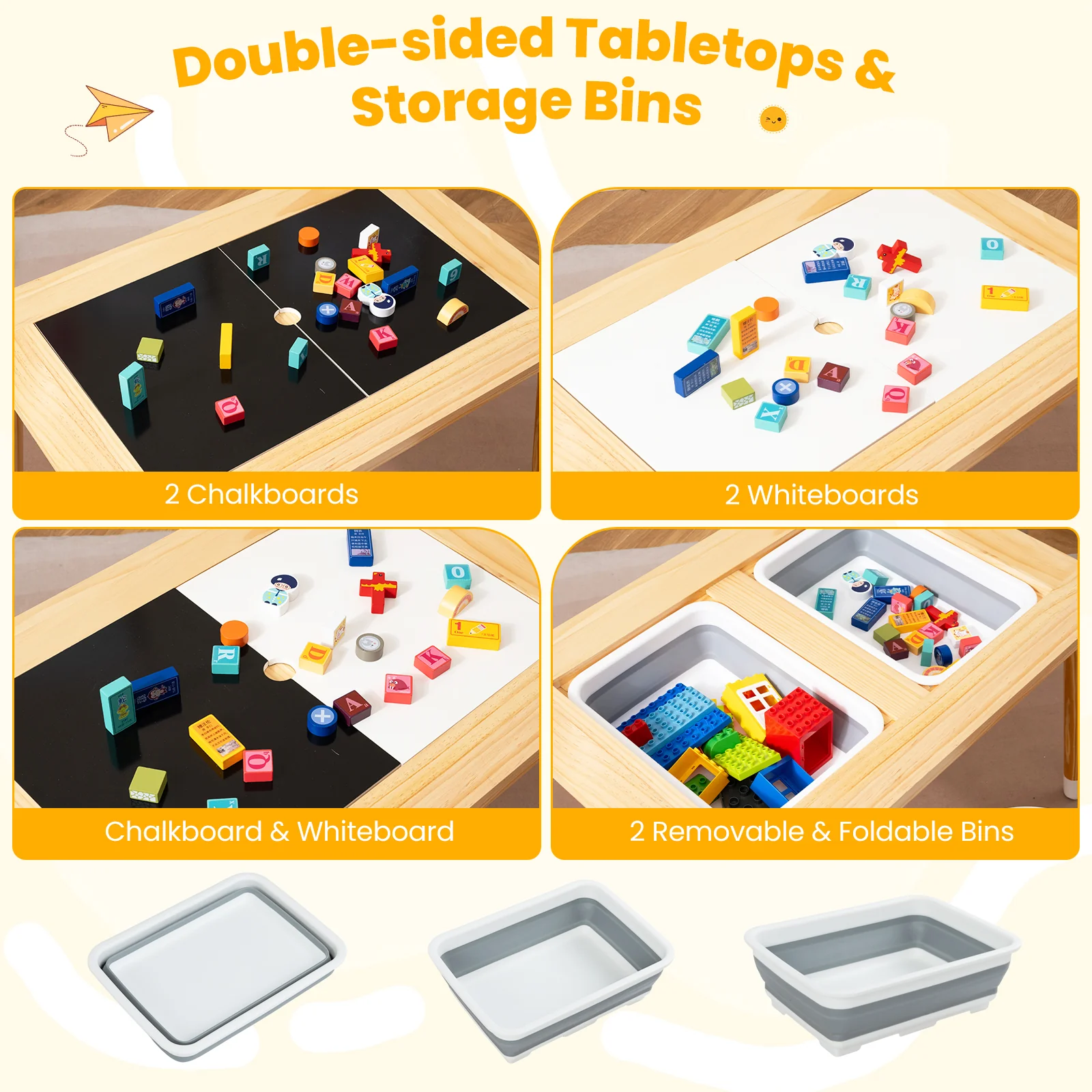 Kid's Table and Chairs Set with Detachable Double-Sided Tabletops - Image 5