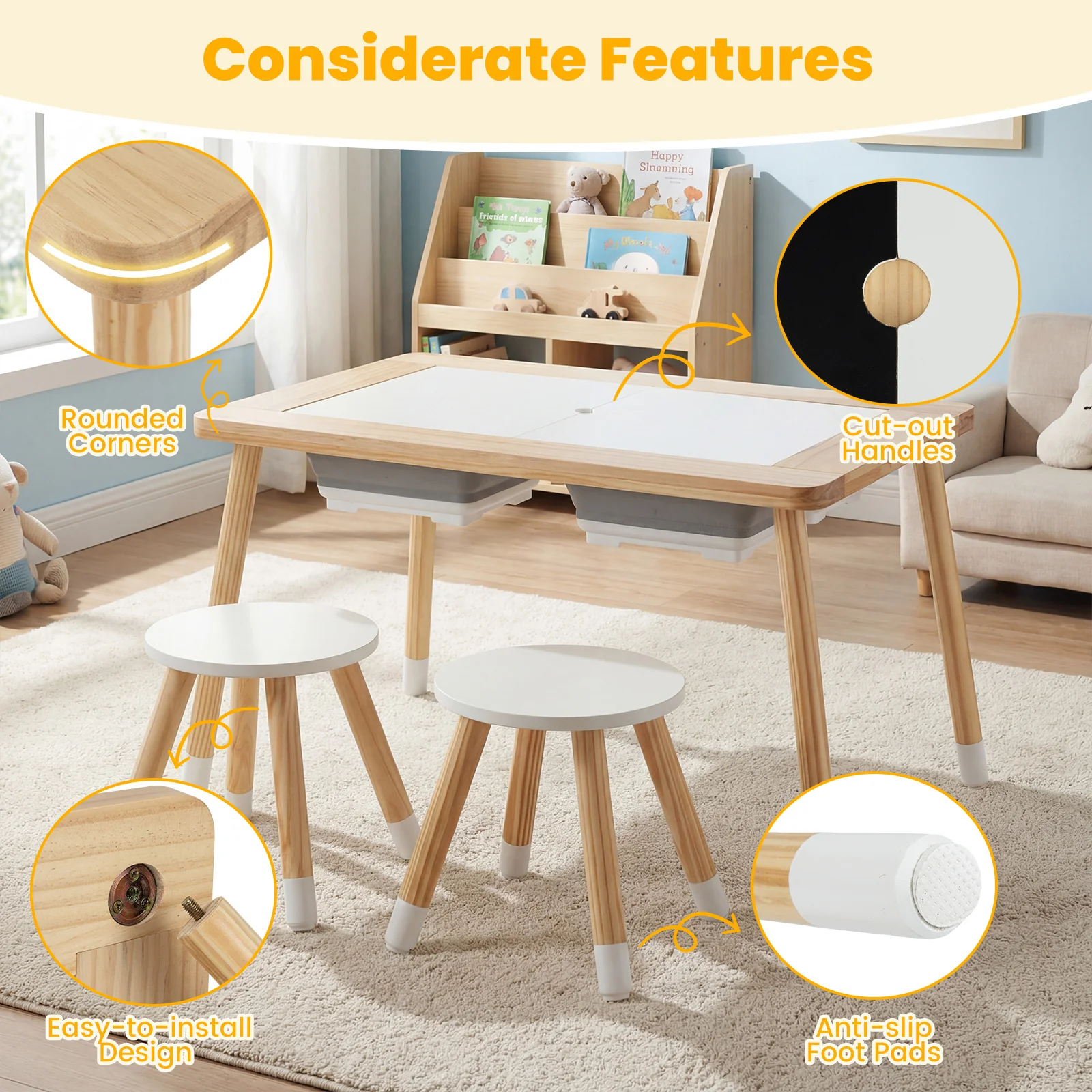 Kid's Table and Chairs Set with Detachable Double-Sided Tabletops - Image 8
