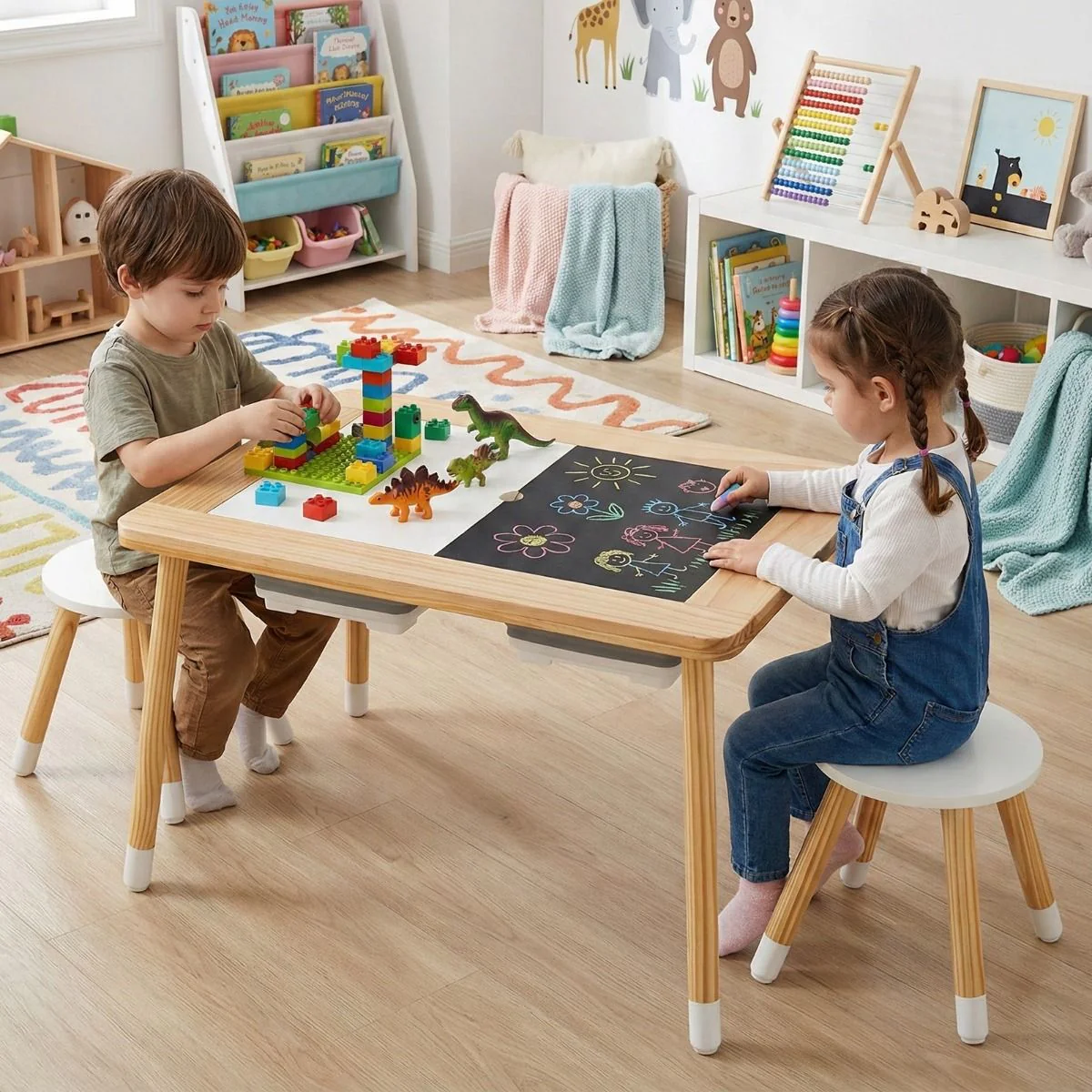 Kid's Table and Chairs Set with Detachable Double-Sided Tabletops - Image 9