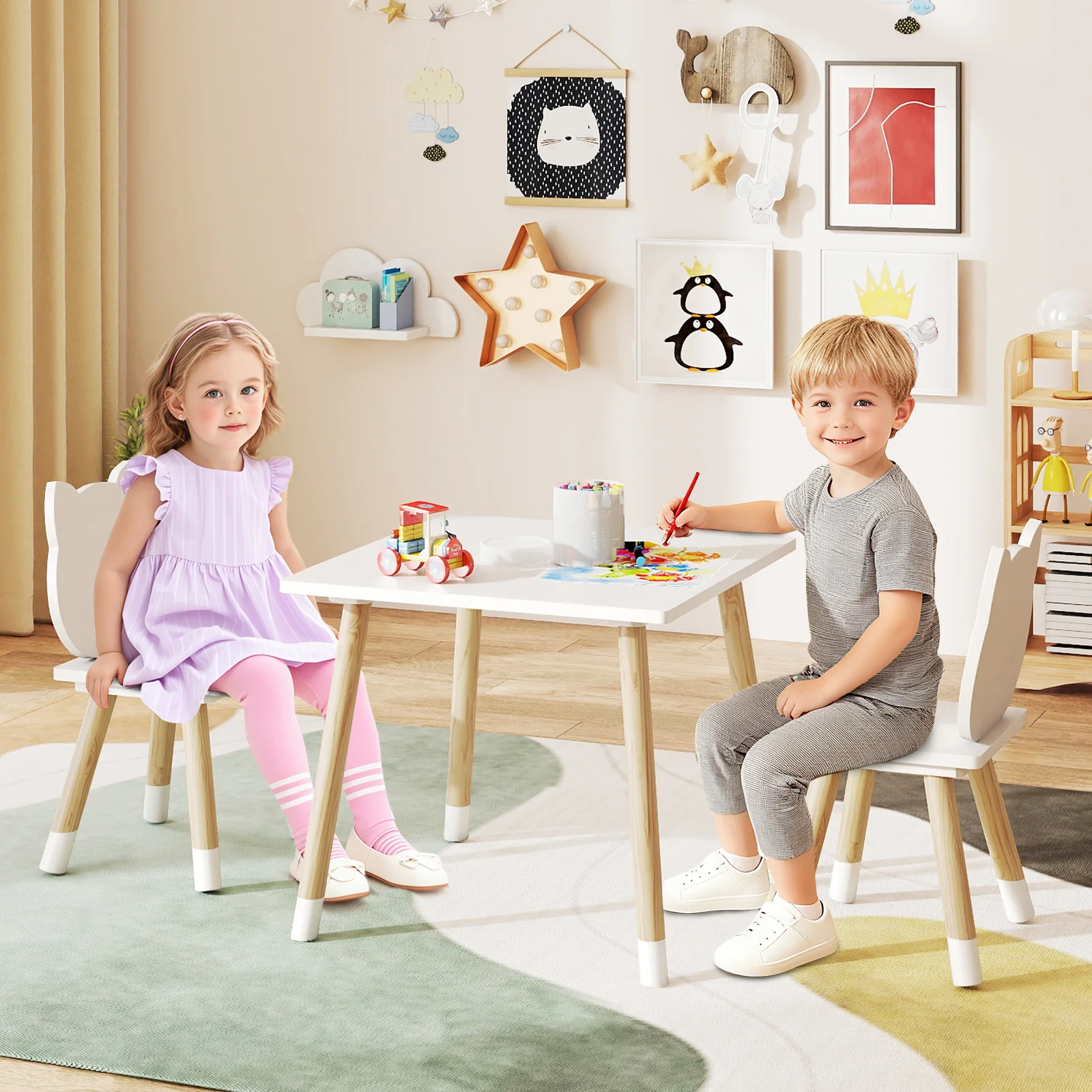 Kids Table and Chairs Set Wooden Toddler Desk and Chair Set - Image 4