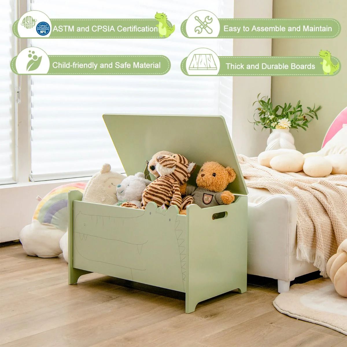 Kids Toy Box Storage Chest, Wooden Trunk Bench w/ Safety Hinge, Children Storage Box w/ Handles - Image 13