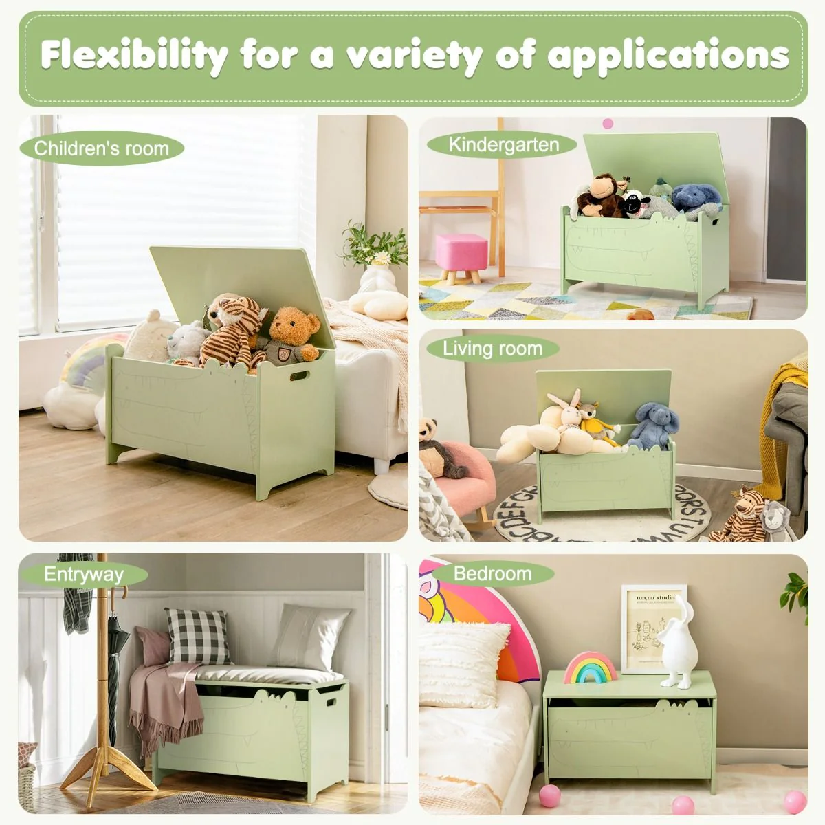 Kids Toy Box Storage Chest, Wooden Trunk Bench w/ Safety Hinge, Children Storage Box w/ Handles - Image 14