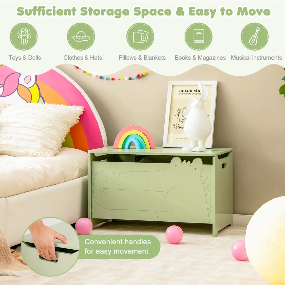 Kids Toy Box Storage Chest, Wooden Trunk Bench w/ Safety Hinge, Children Storage Box w/ Handles - Image 15