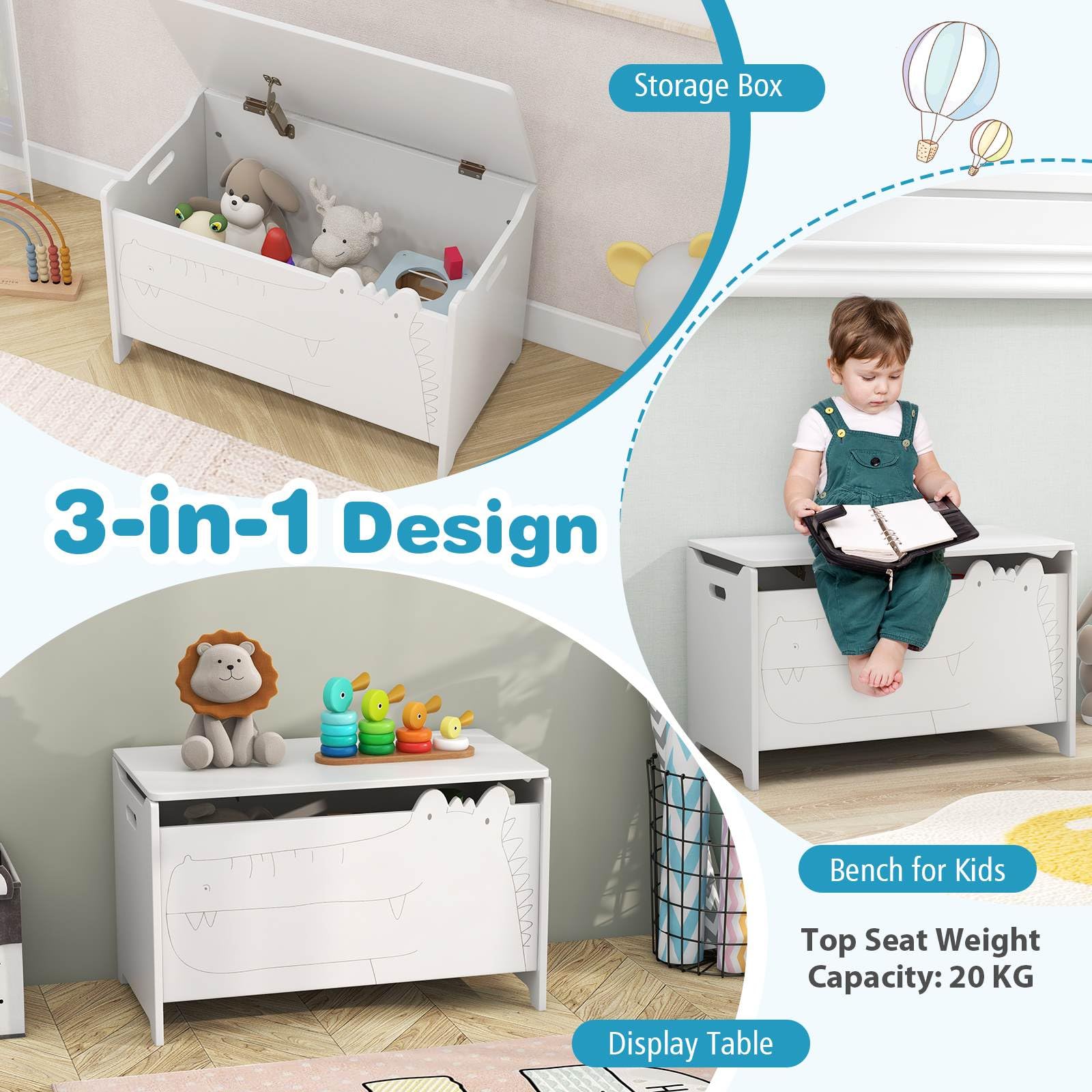 Kids Toy Box Storage Chest, Wooden Trunk Bench w/ Safety Hinge, Children Storage Box w/ Handles - Image 3
