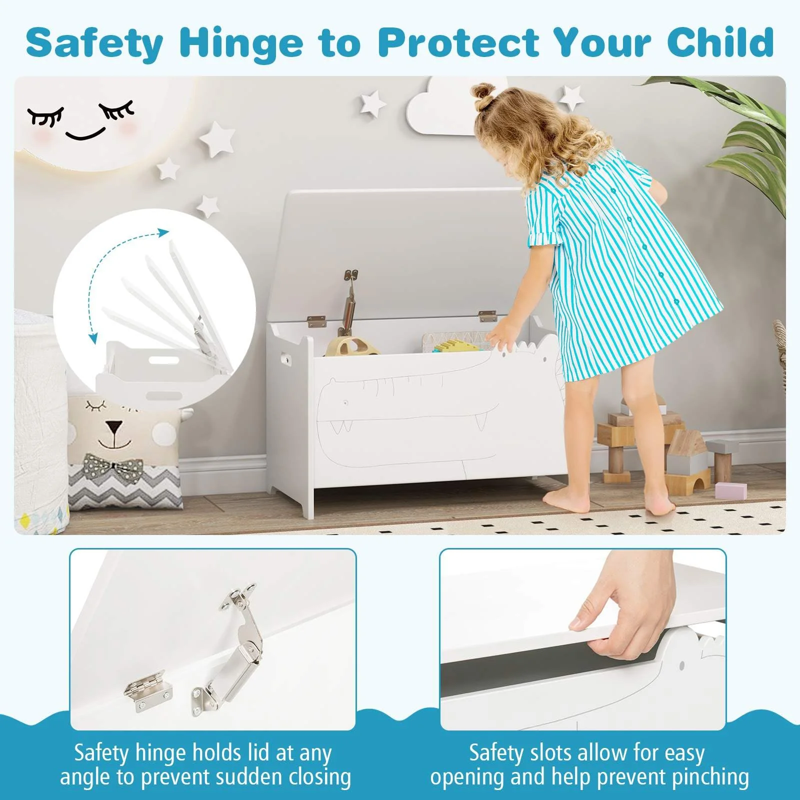 Kids Toy Box Storage Chest, Wooden Trunk Bench w/ Safety Hinge, Children Storage Box w/ Handles - Image 4
