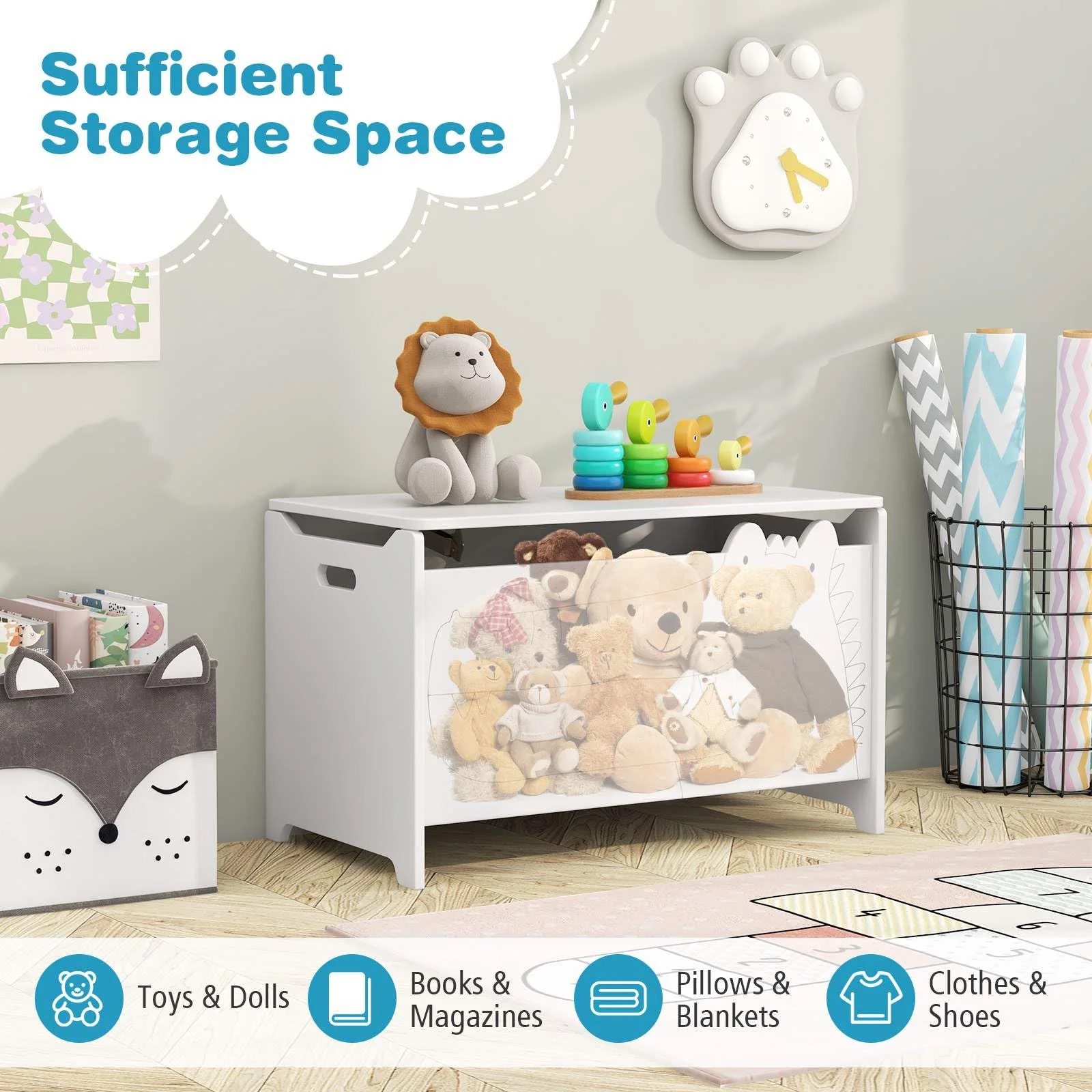 Kids Toy Box Storage Chest, Wooden Trunk Bench w/ Safety Hinge, Children Storage Box w/ Handles - Image 5
