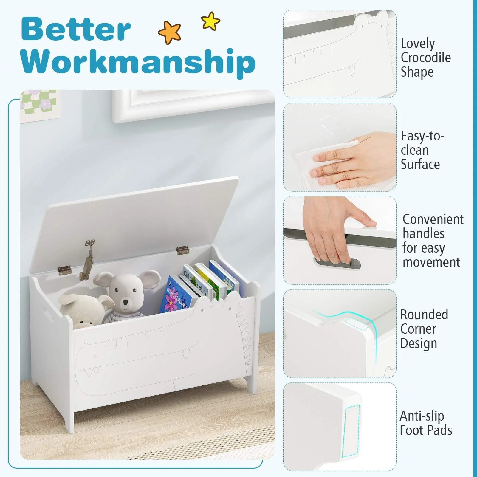 Kids Toy Box Storage Chest, Wooden Trunk Bench w/ Safety Hinge, Children Storage Box w/ Handles - Image 6