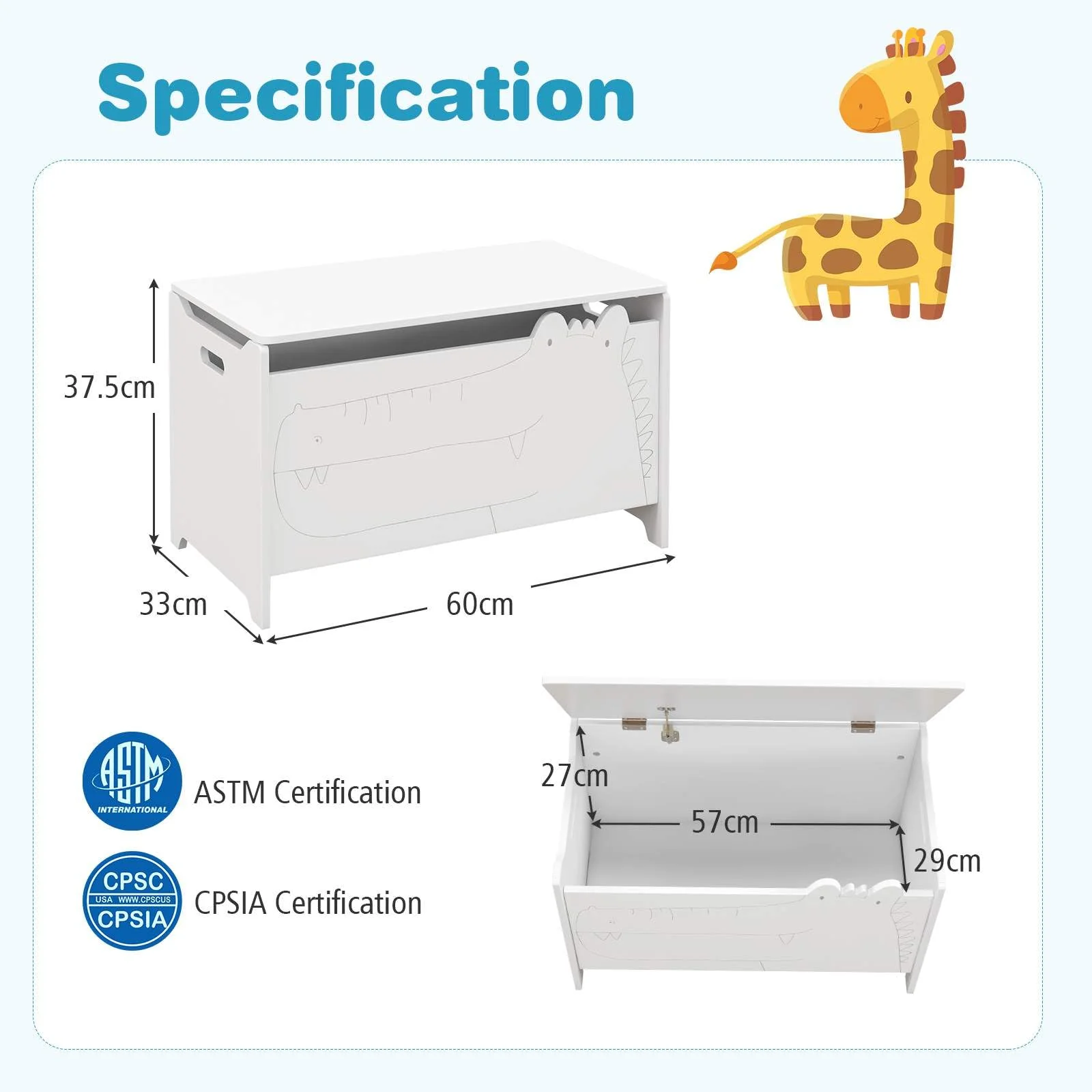 Kids Toy Box Storage Chest, Wooden Trunk Bench w/ Safety Hinge, Children Storage Box w/ Handles - Image 7