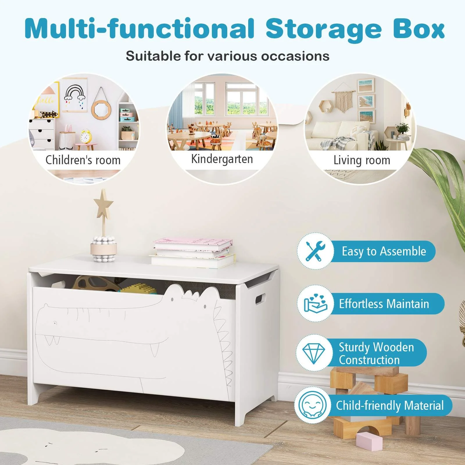 Kids Toy Box Storage Chest, Wooden Trunk Bench w/ Safety Hinge, Children Storage Box w/ Handles - Image 8