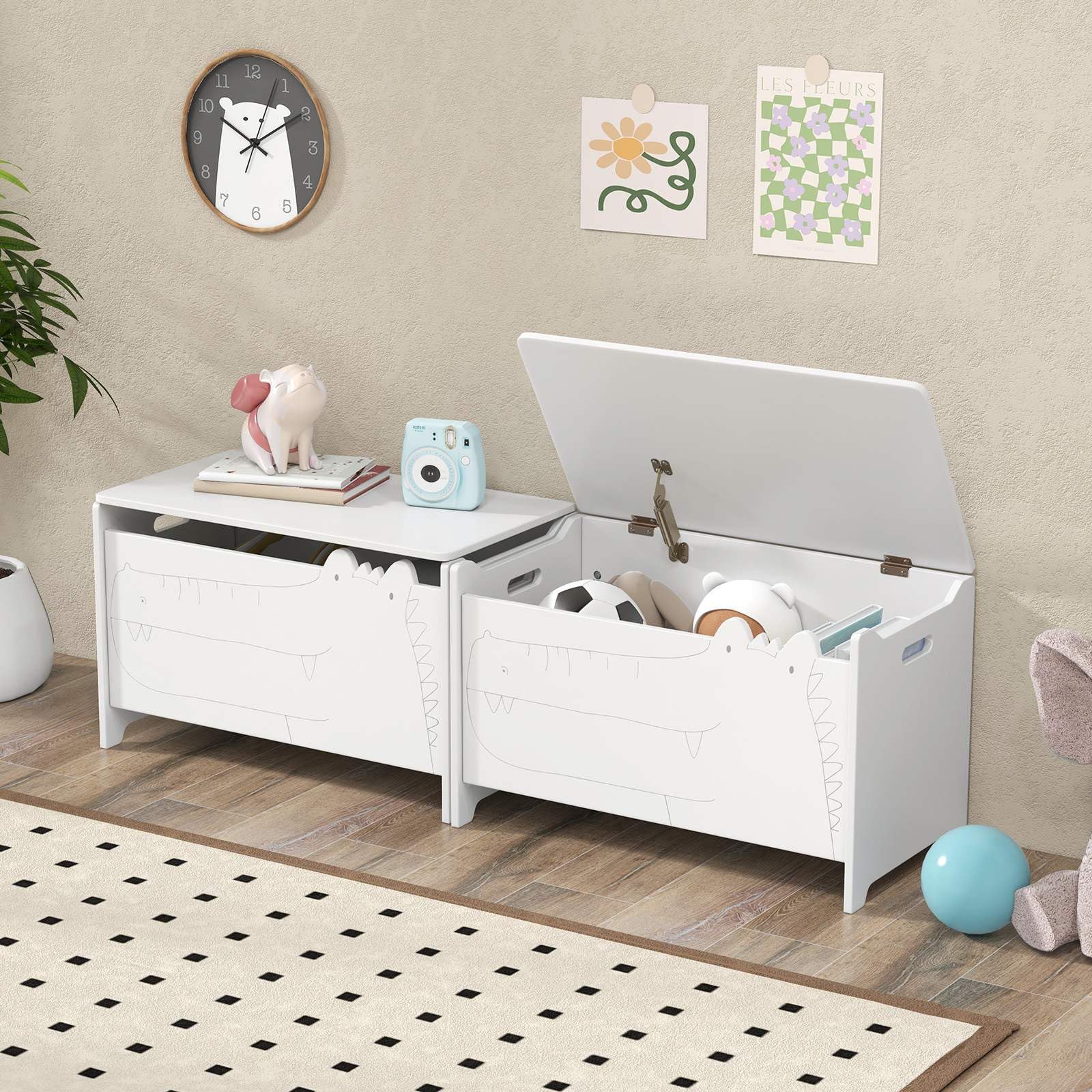 Kids Toy Box Storage Chest, Wooden Trunk Bench w/ Safety Hinge, Children Storage Box w/ Handles - Image 9