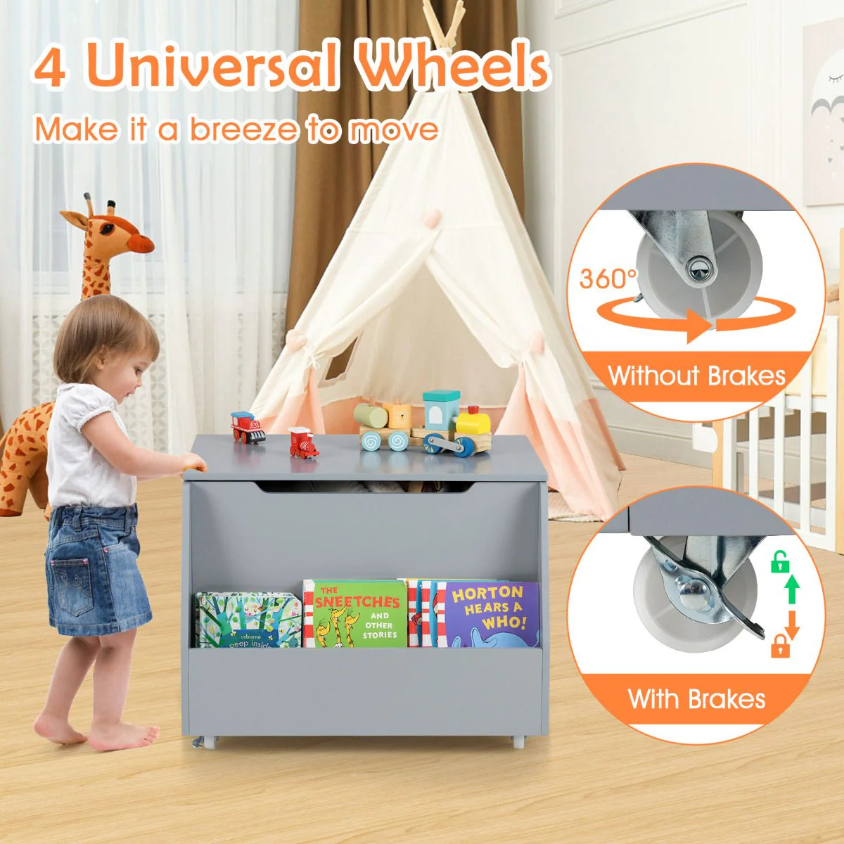 Kids Toy Box Wooden Mobile Toy Storage Organizer - Image 4