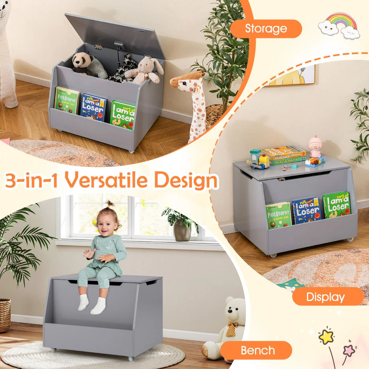Kids Toy Box Wooden Mobile Toy Storage Organizer - Image 5