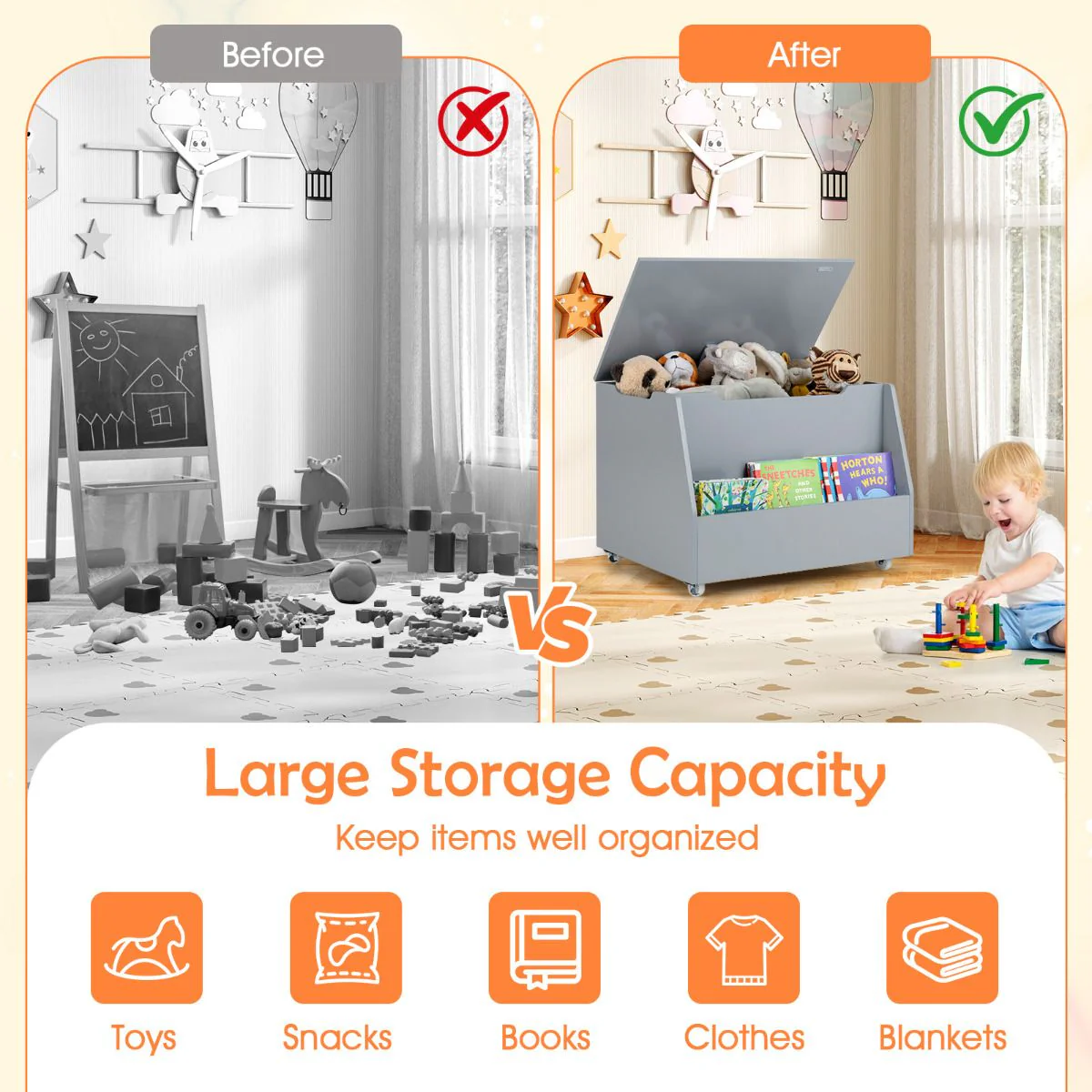 Kids Toy Box Wooden Mobile Toy Storage Organizer - Image 6