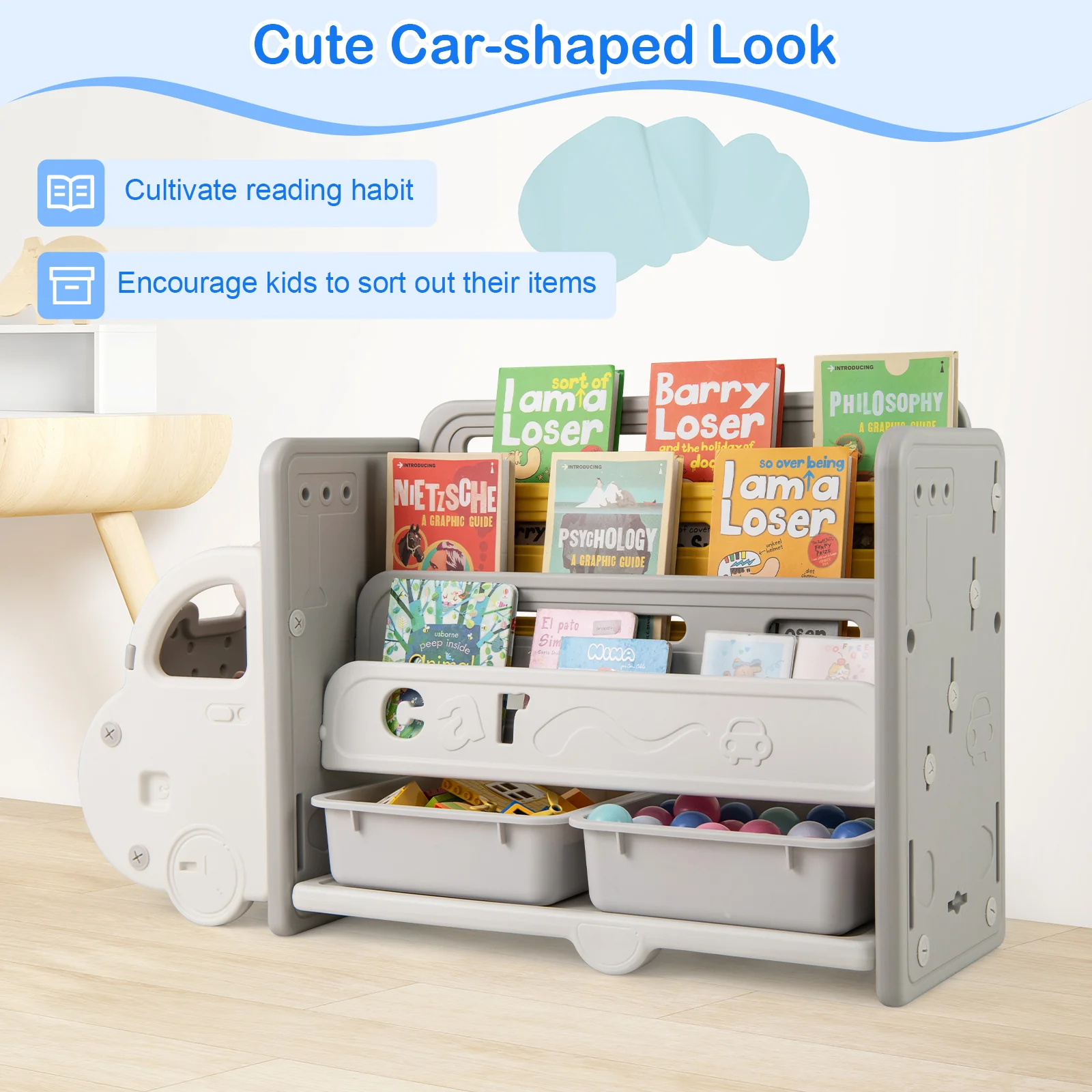 Kids Toy Storage and Bookshelf, Car Themed Toy Storage Shelf - Image 5