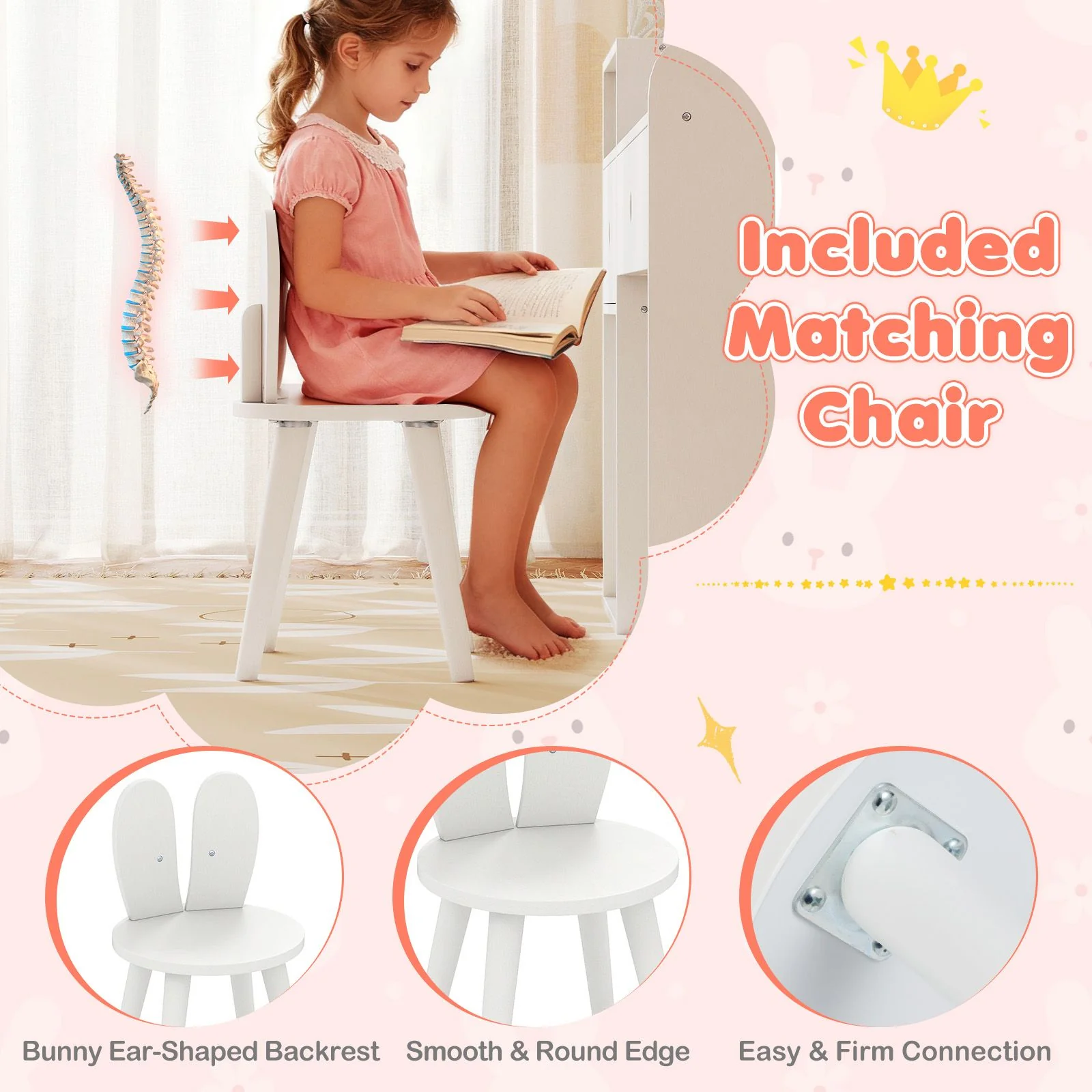 Kids Vanity Desk with Lights Princess Bunny Makeup Table with Lighted Mirror - Image 10