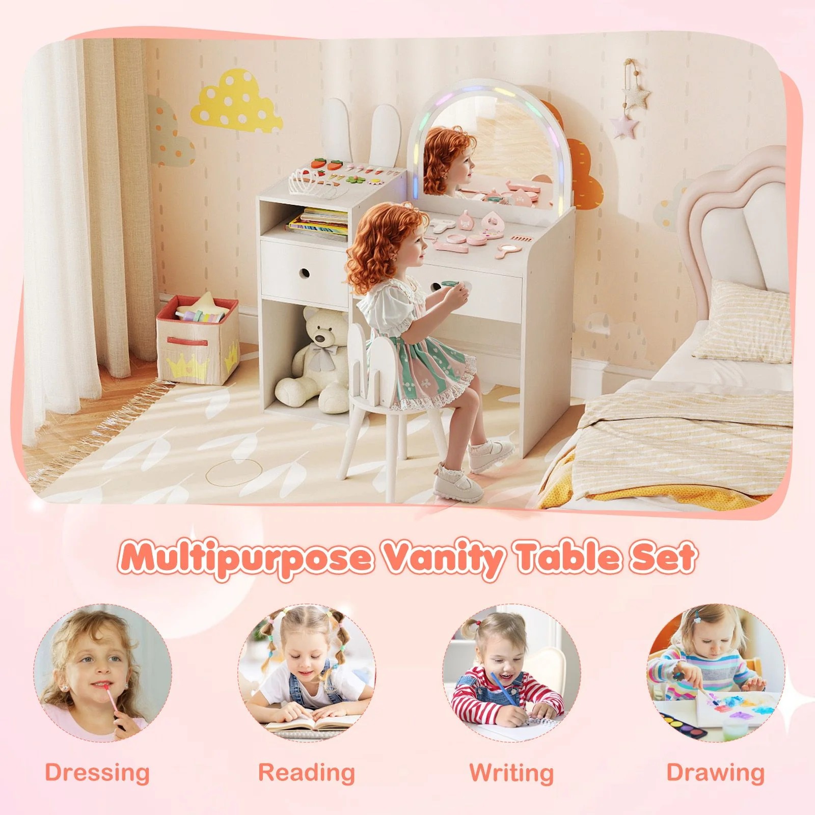 Kids Vanity Desk with Lights Princess Bunny Makeup Table with Lighted Mirror - Image 11
