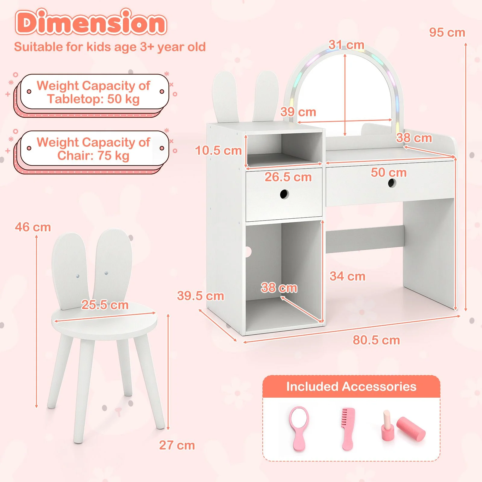 Kids Vanity Desk with Lights Princess Bunny Makeup Table with Lighted Mirror - Image 12