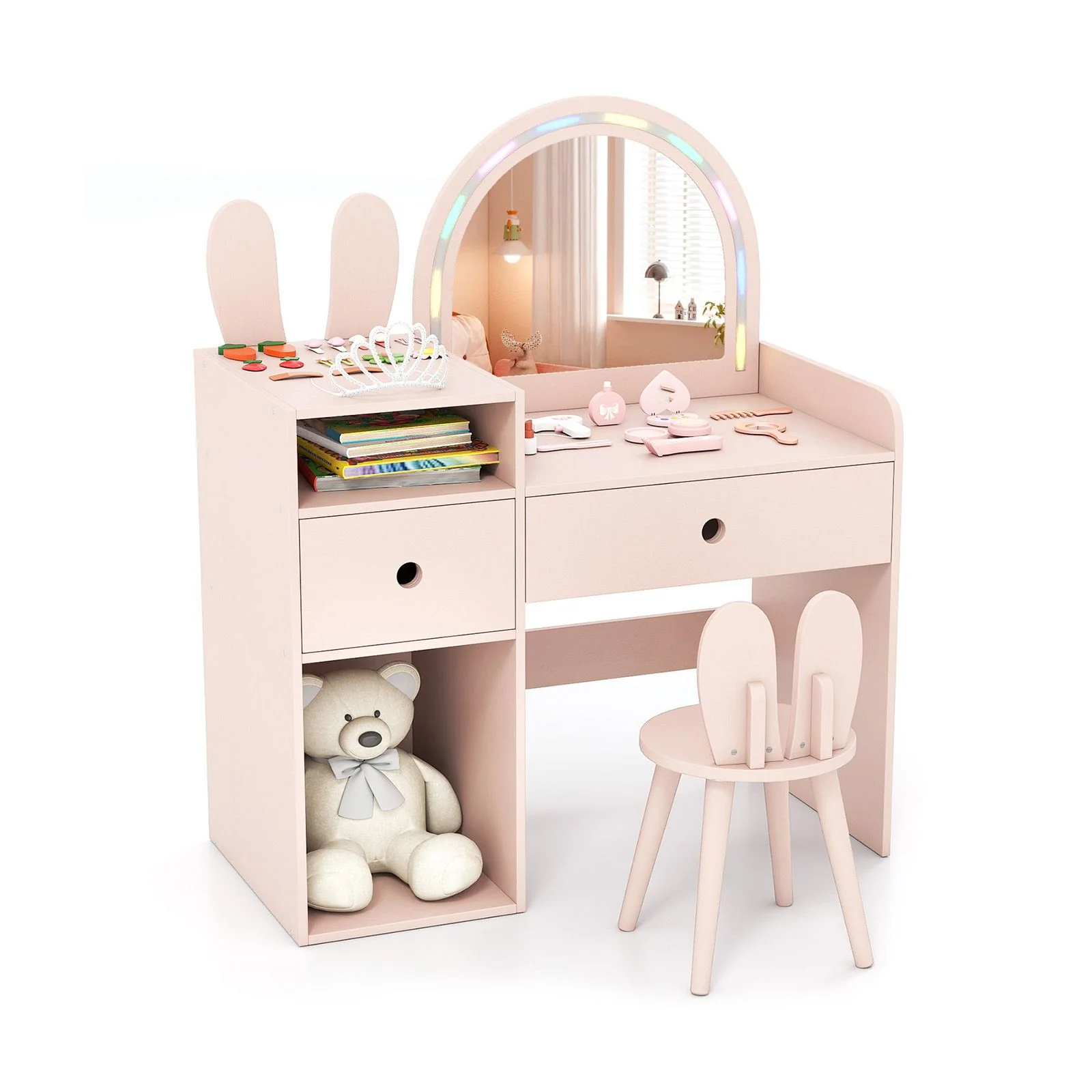 Kids Vanity Desk with Lights Princess Bunny Makeup Table with Lighted Mirror - Image 13