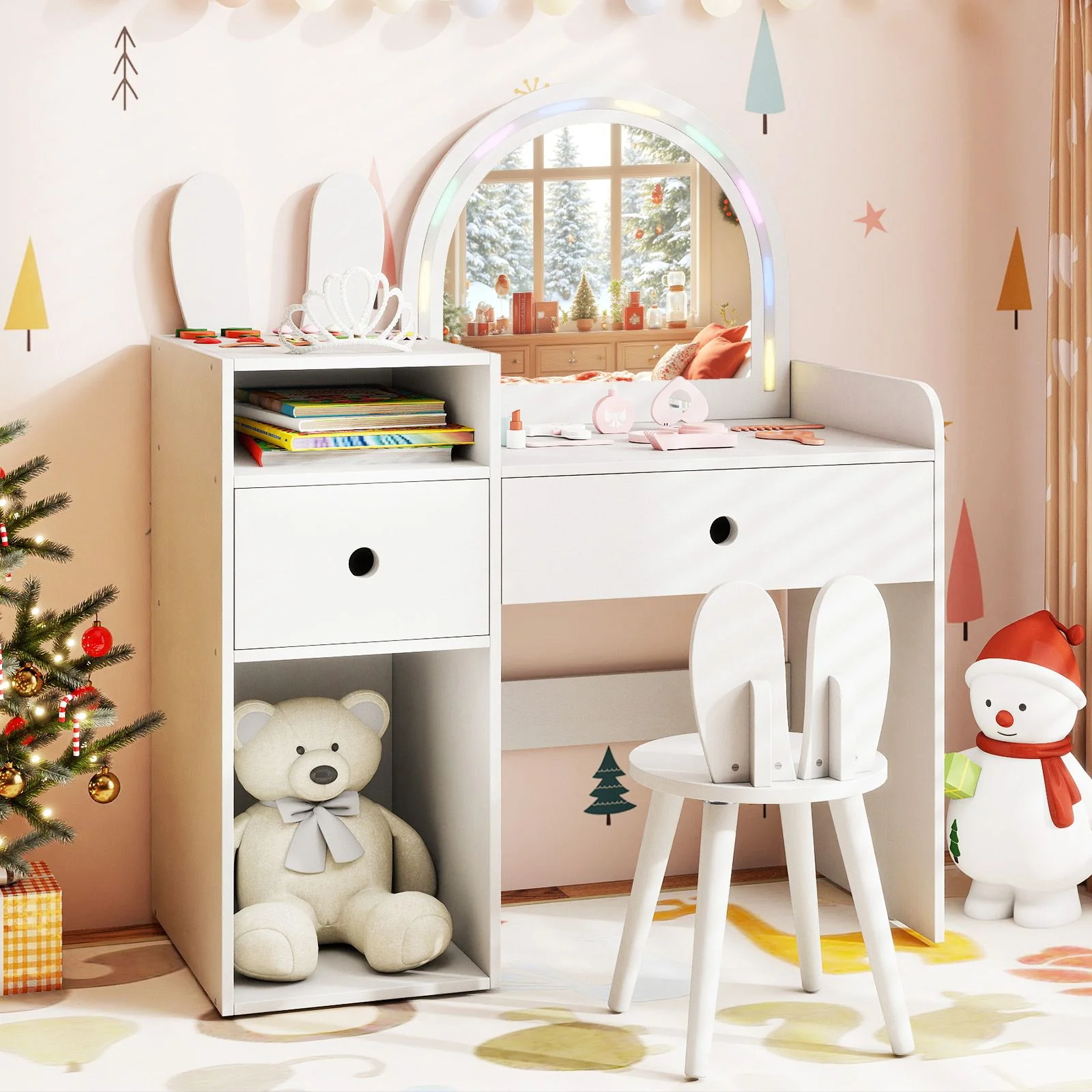 Kids Vanity Desk with Lights Princess Bunny Makeup Table with Lighted Mirror - Image 2