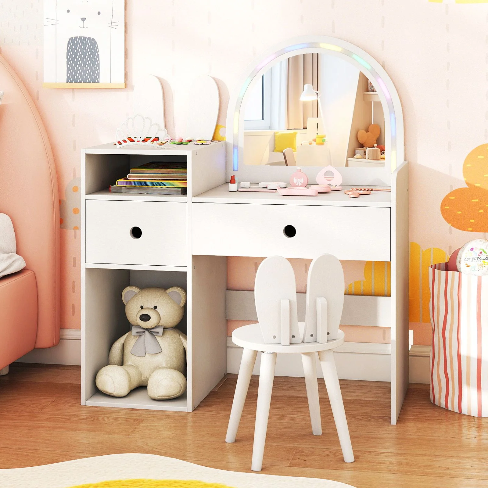 Kids Vanity Desk with Lights Princess Bunny Makeup Table with Lighted Mirror - Image 3