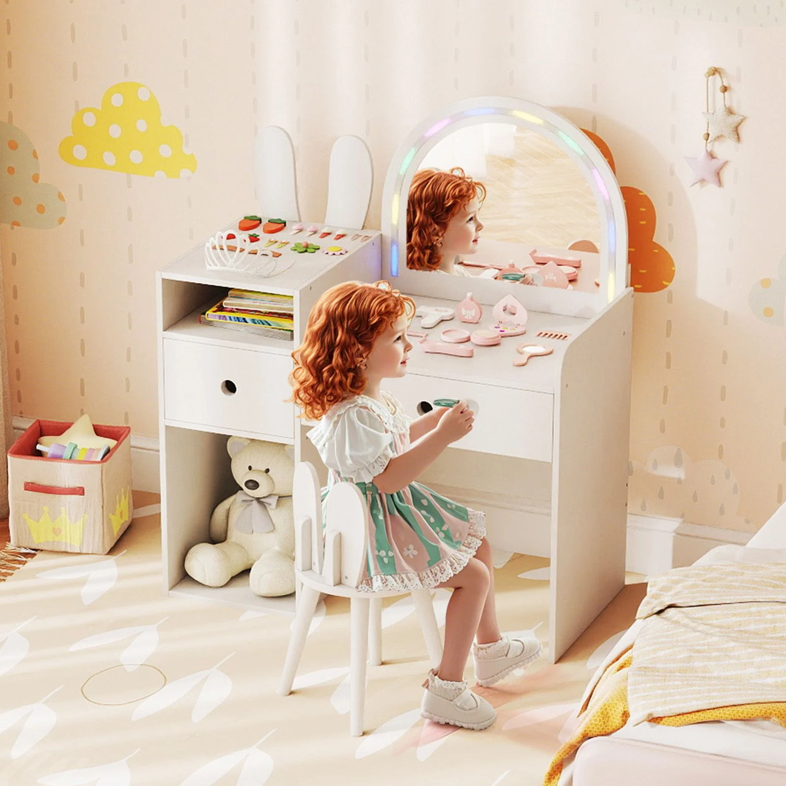 Kids Vanity Desk with Lights Princess Bunny Makeup Table with Lighted Mirror - Image 4
