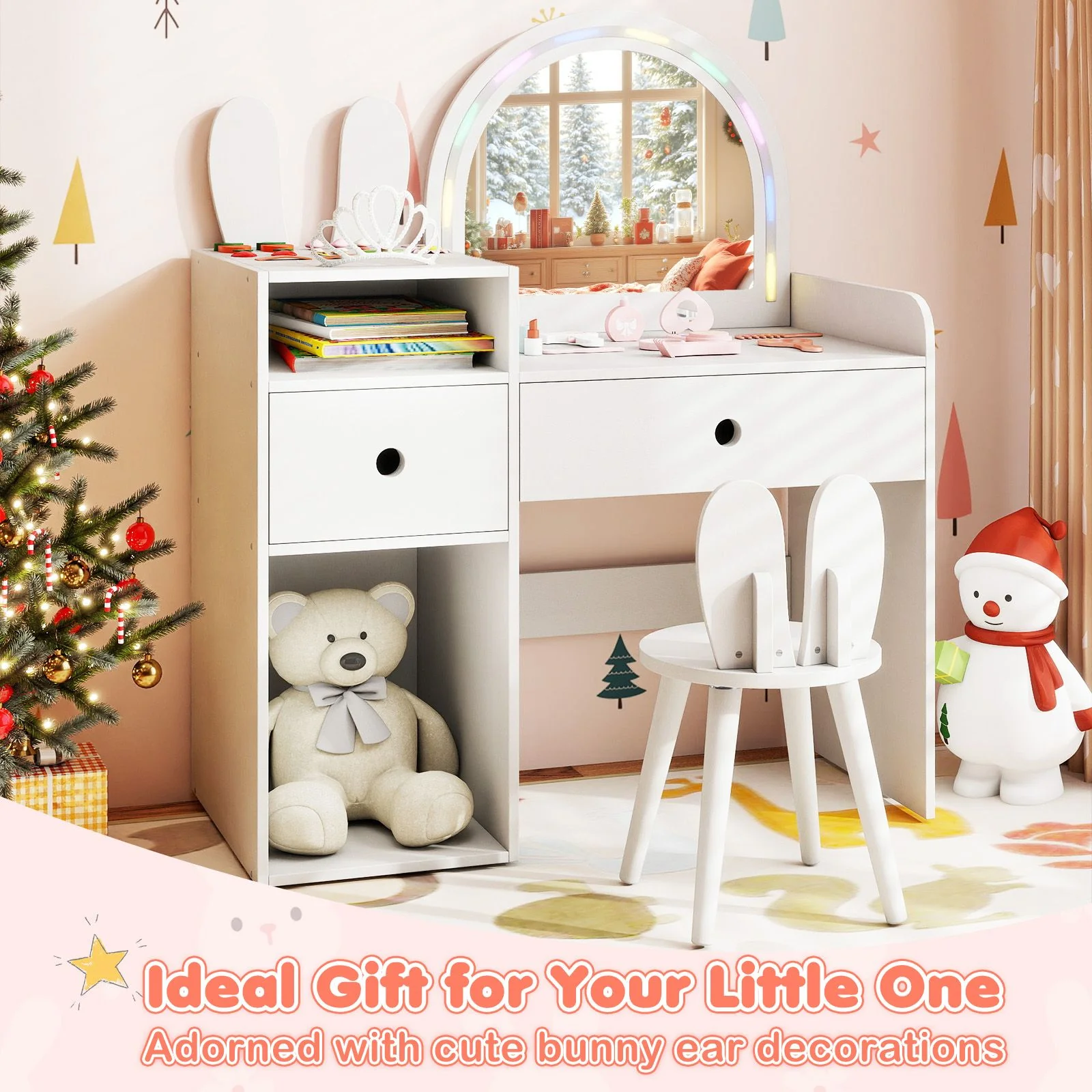 Kids Vanity Desk with Lights Princess Bunny Makeup Table with Lighted Mirror - Image 5