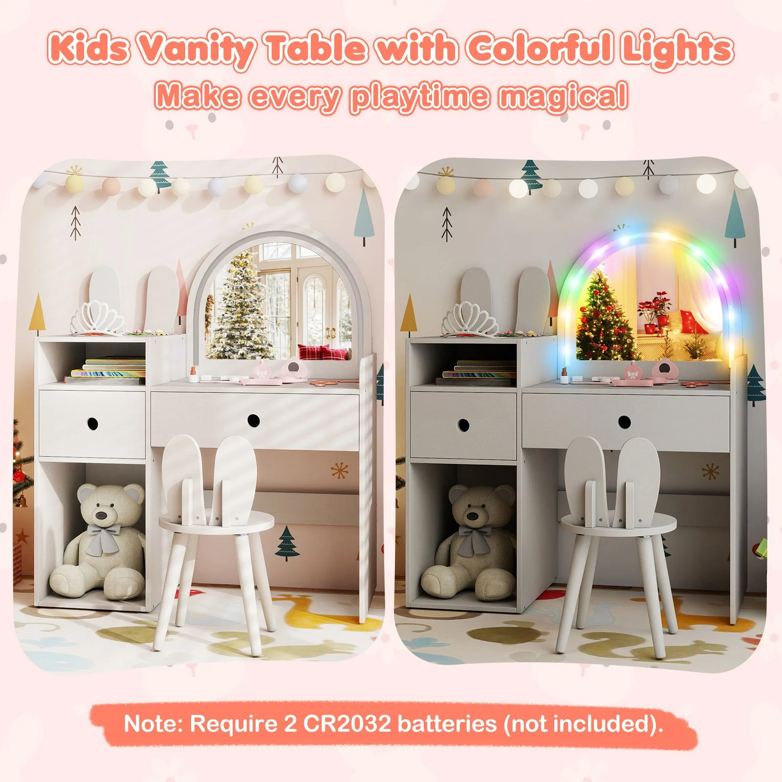 Kids Vanity Desk with Lights Princess Bunny Makeup Table with Lighted Mirror - Image 7