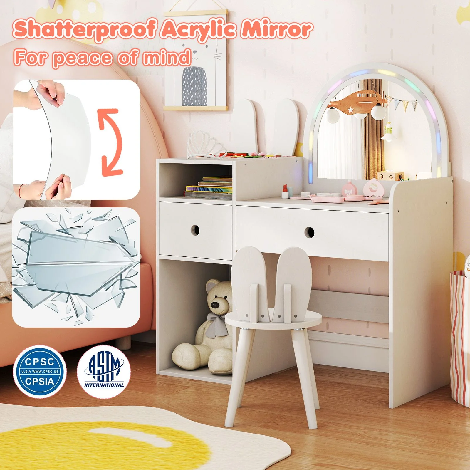 Kids Vanity Desk with Lights Princess Bunny Makeup Table with Lighted Mirror - Image 9