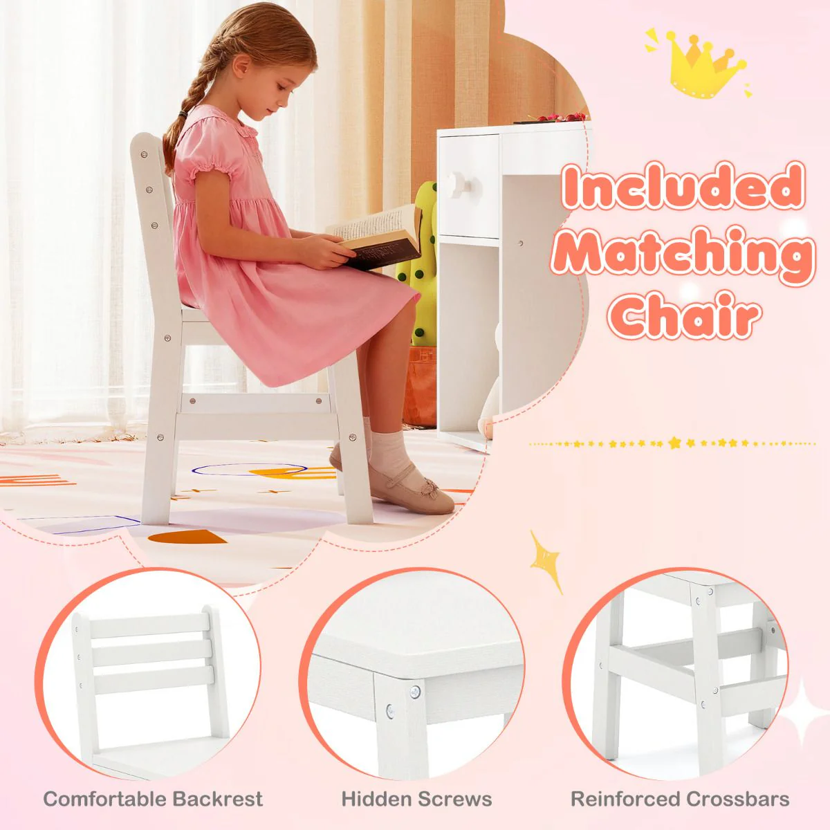 Kids Vanity Desk with Lights Princess Makeup Table with Lighted Mirror - Image 10