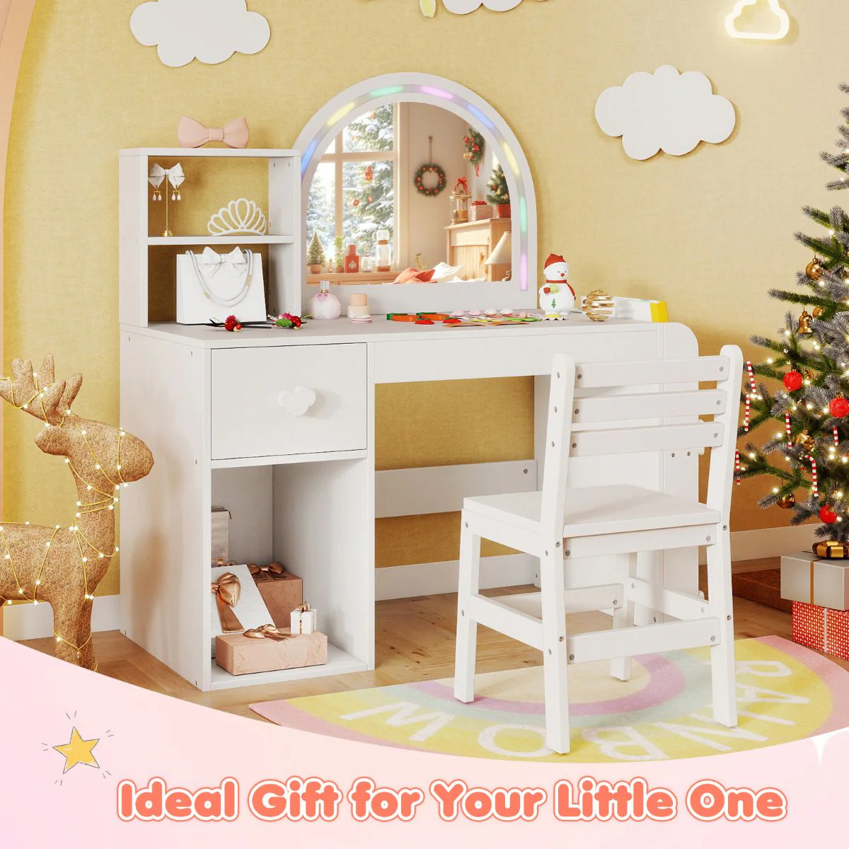 Kids Vanity Desk with Lights Princess Makeup Table with Lighted Mirror - Image 12
