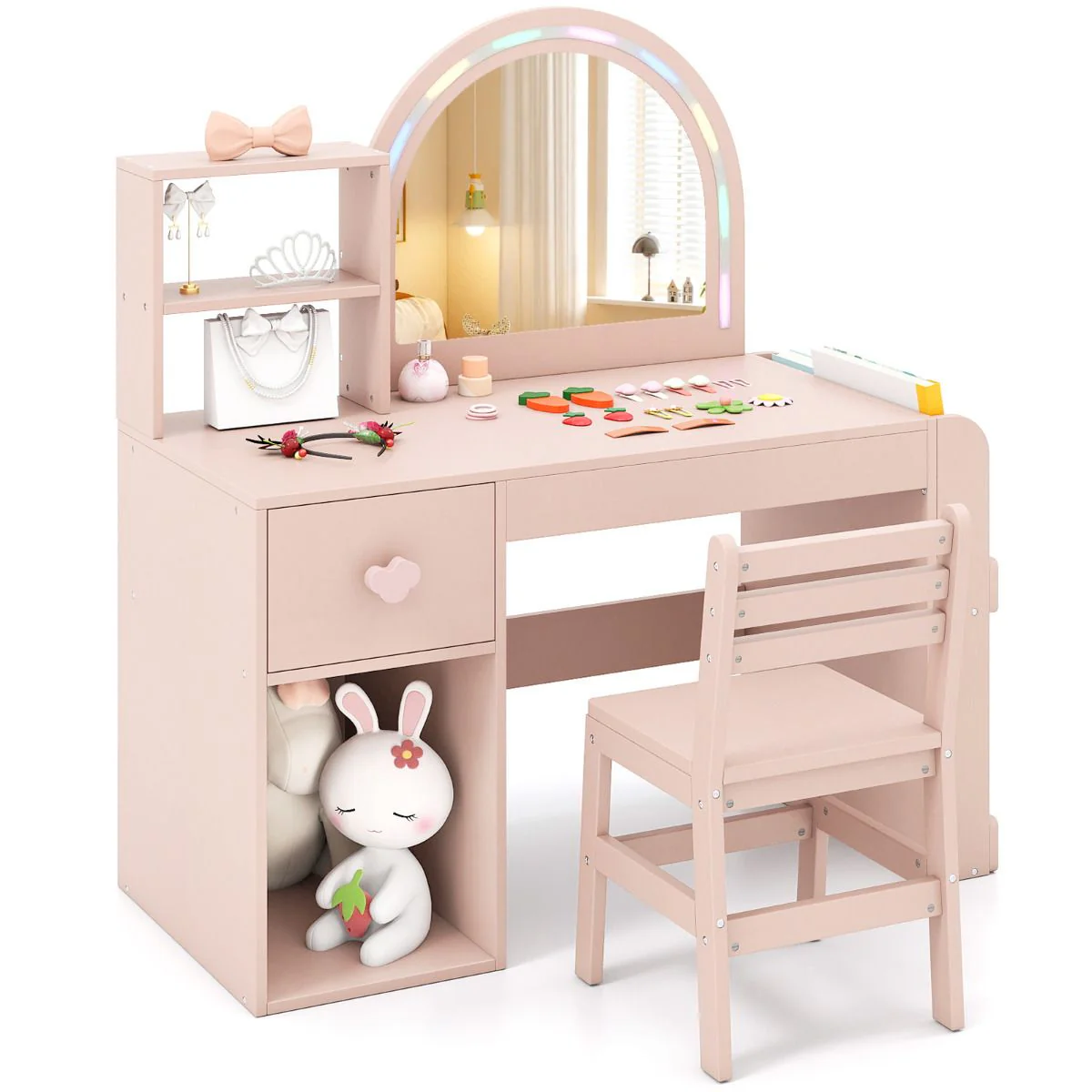 Kids Vanity Desk with Lights Princess Makeup Table with Lighted Mirror - Image 13