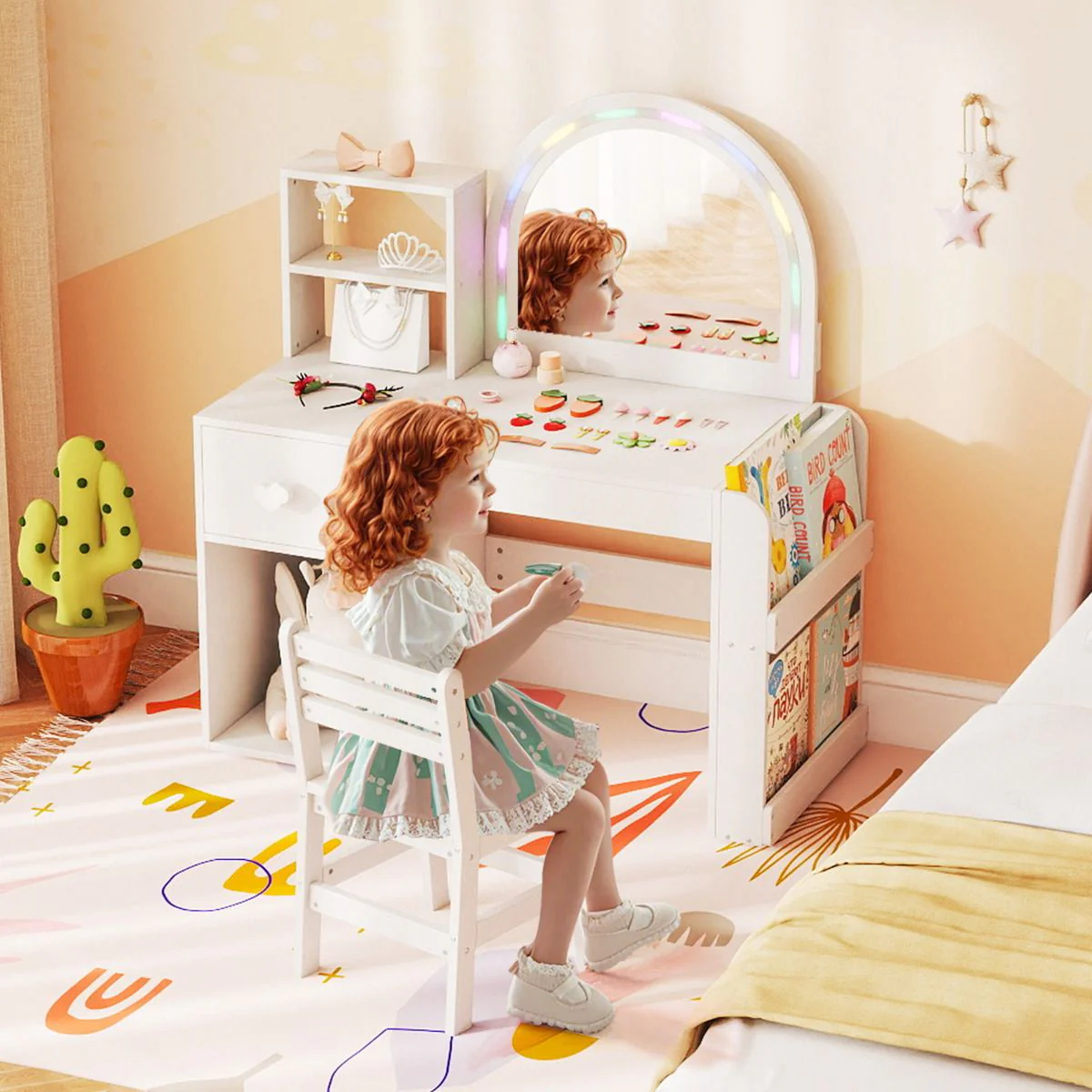 Kids Vanity Desk with Lights Princess Makeup Table with Lighted Mirror - Image 2