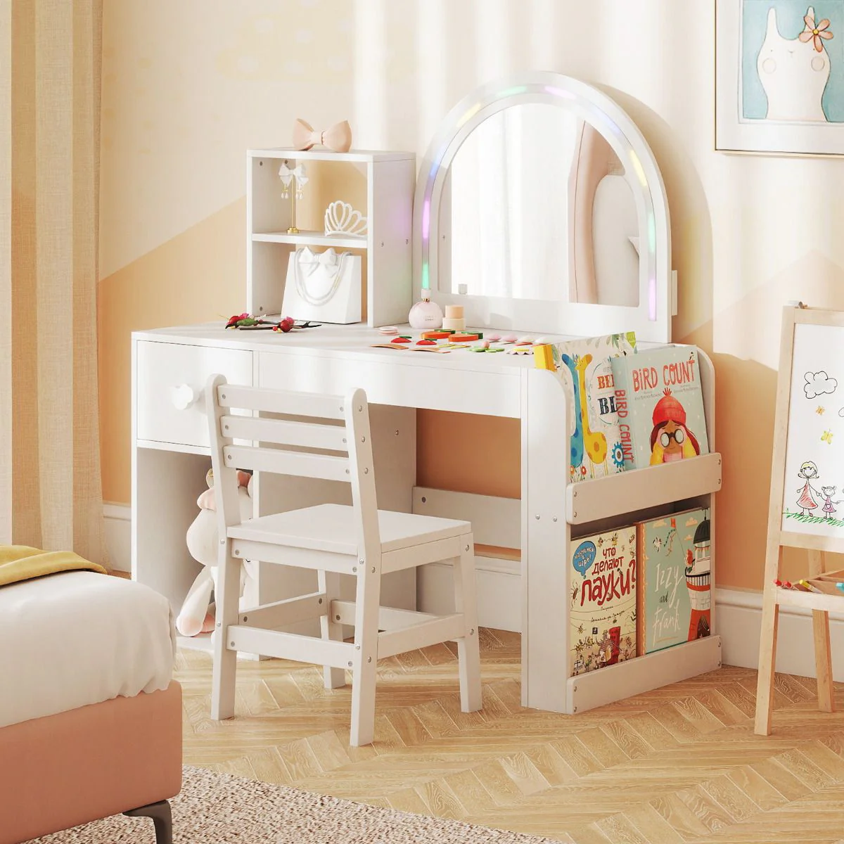 Kids Vanity Desk with Lights Princess Makeup Table with Lighted Mirror - Image 3