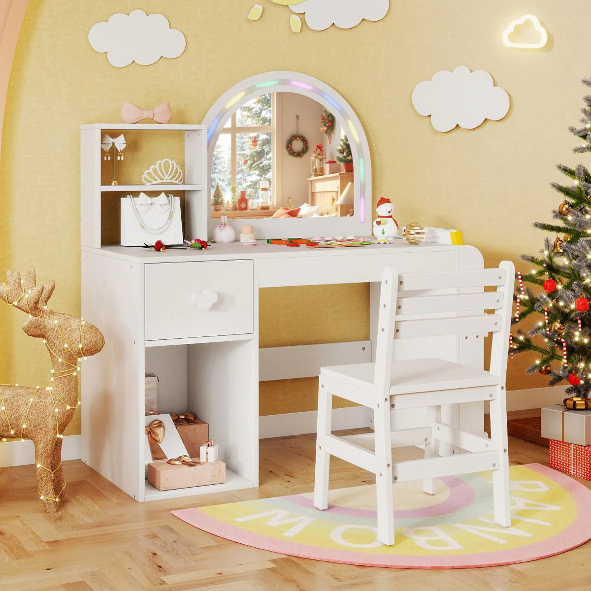 Kids Vanity Desk with Lights Princess Makeup Table with Lighted Mirror - Image 4